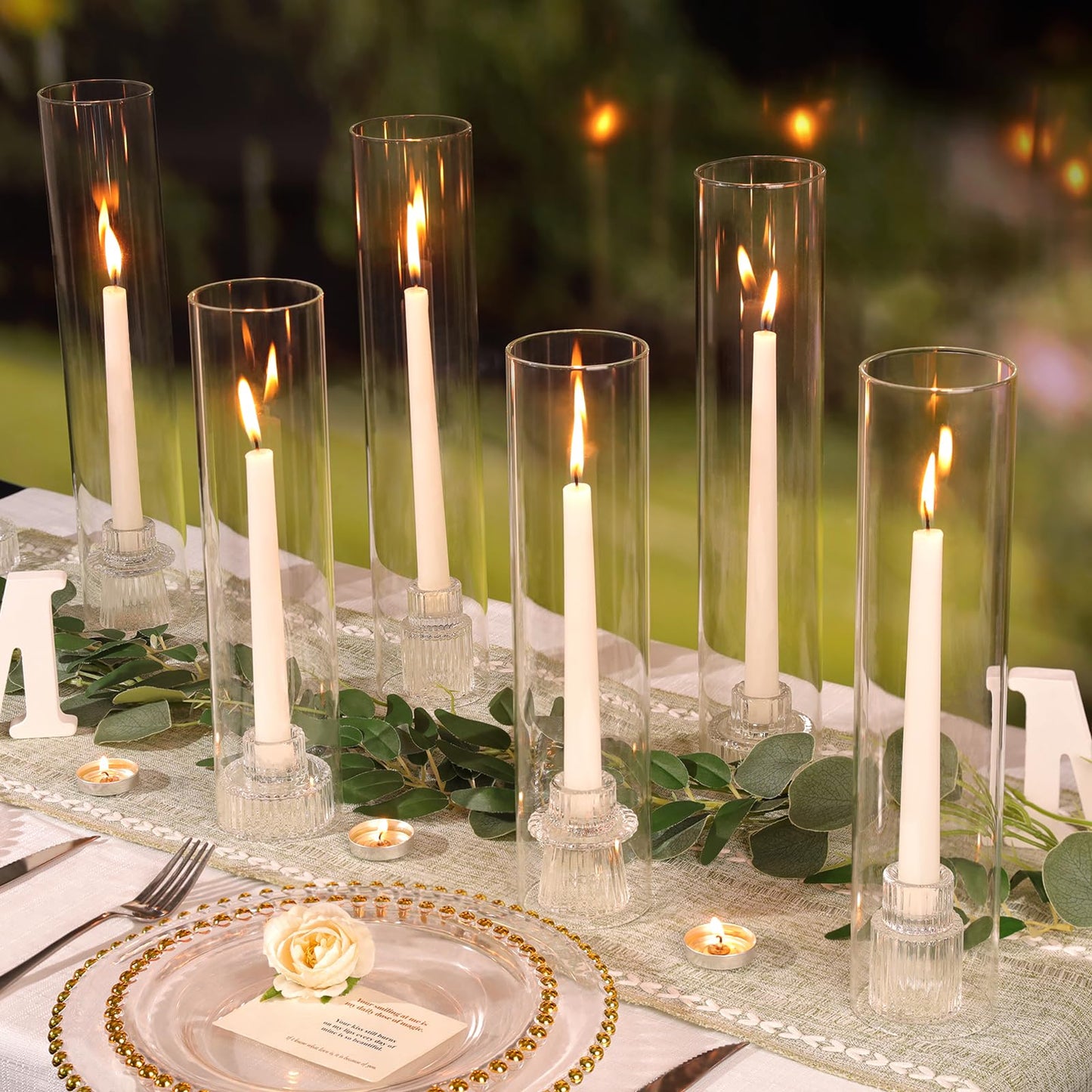 NITIME 9 Set Hurricane Glass Candle Holders for Taper Candles, Candlestick Holders with Windproof Glass Tubes(11.8"/12.6"/13.8" H), Taper Candle Holders for Table Centerpieces, Wedding, Party Decor