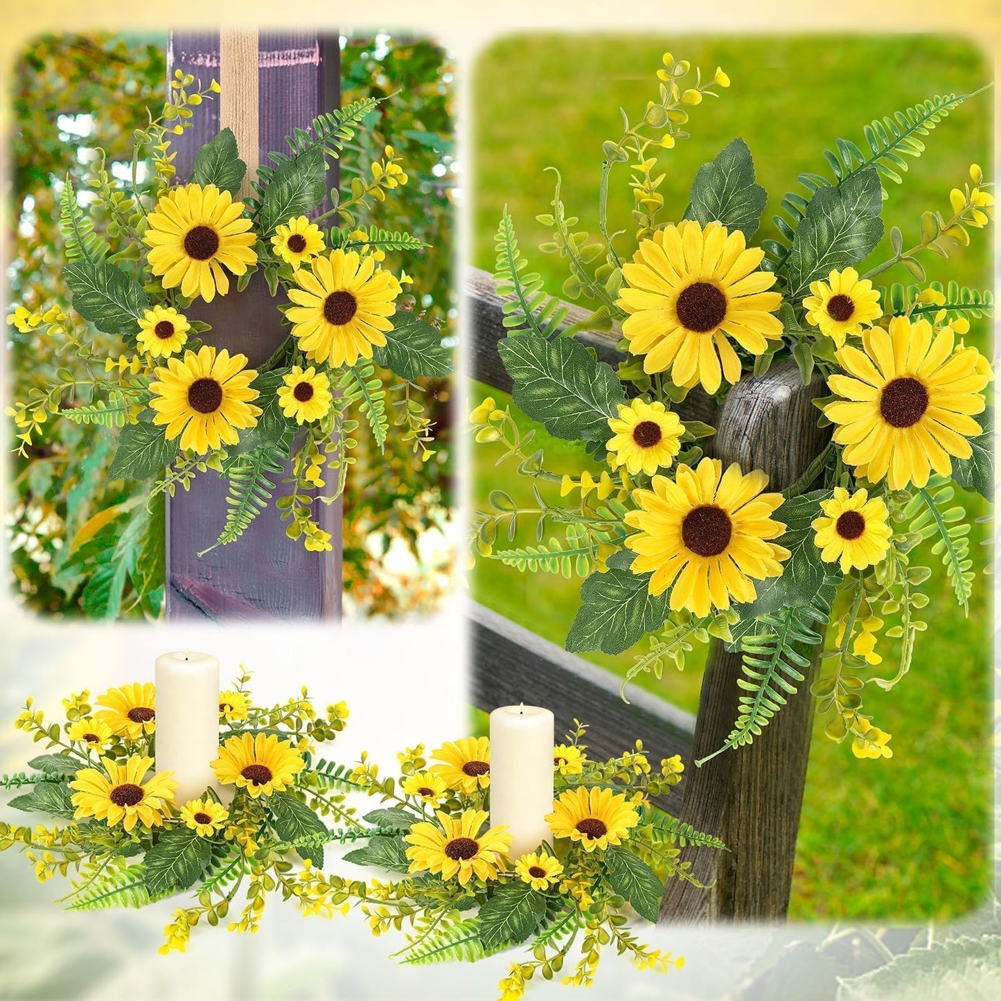 6Pcs Sunflower Wreath for Front Door Artificial Sunflower Spring Summer Table Centerpieces Wreath Fake Yellow Floral Candle Rings Wreaths for Pillars Cabinets Wedding Table Home Décor