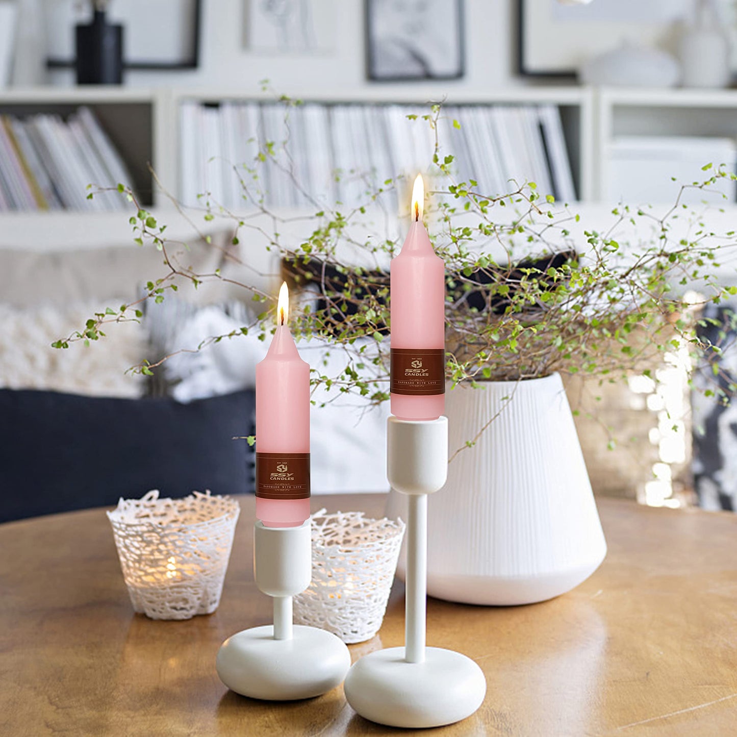 Pink Short Taper Candles Set of 4, 5 Inch Handmade Candle Stick, Unscented Candlesticks, Tapered Candles for Wedding Dinner Table Home Decor Romantic Gift