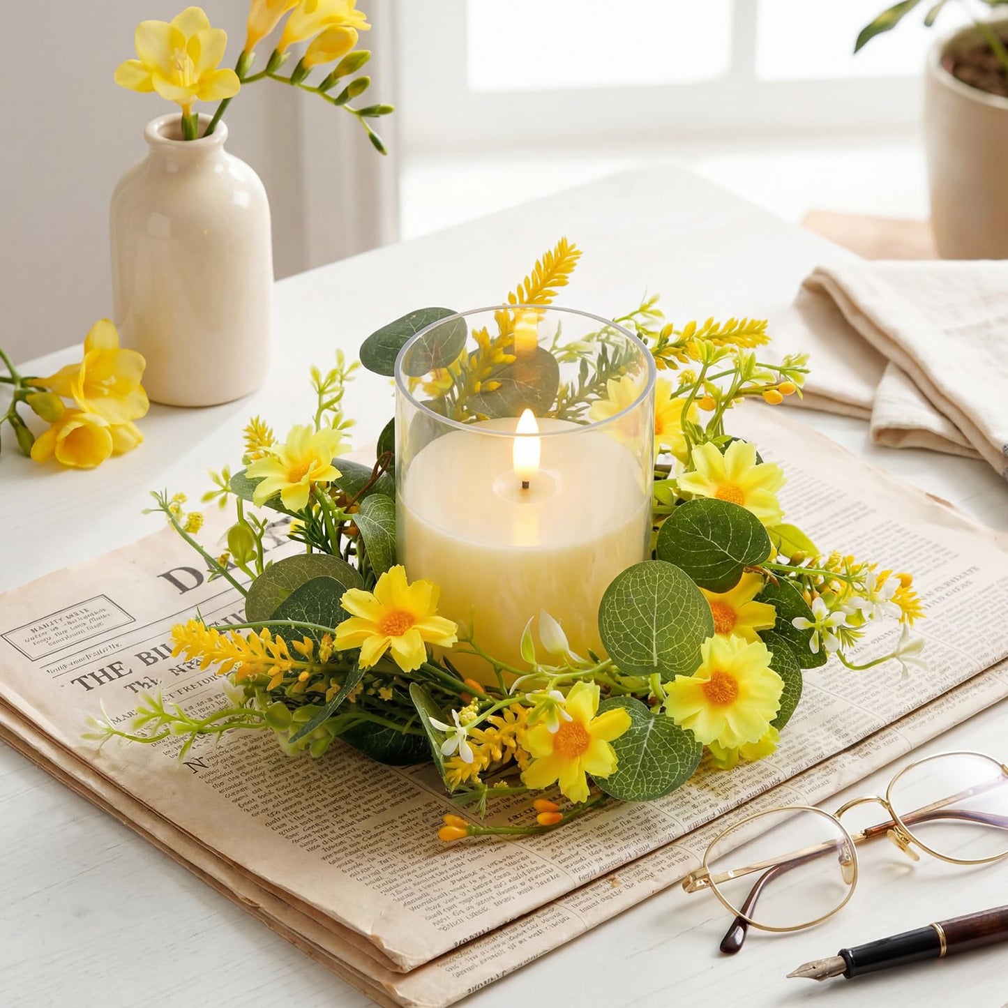 Yunlly 4 Pcs Artificial Daisy Candle Rings Wreaths, Yellow Flower Wreaths with Eucalyptus and Berry Greenery Garland with LED Flameless Candles for Spring Summer Easter Wedding Home Table Decor