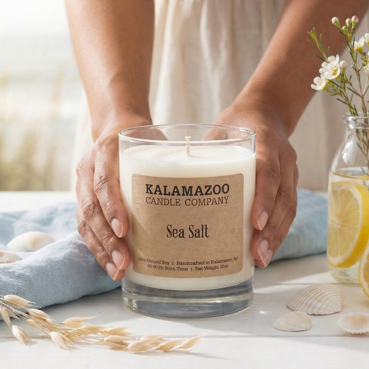 Kalamazoo Candle Company Hand-Poured Soy Wax Candle – 10oz Classic Jar, 60-80 Hour Burn Time – Made in USA, Highly Scented, Phthalate-Free (SEA Salt)