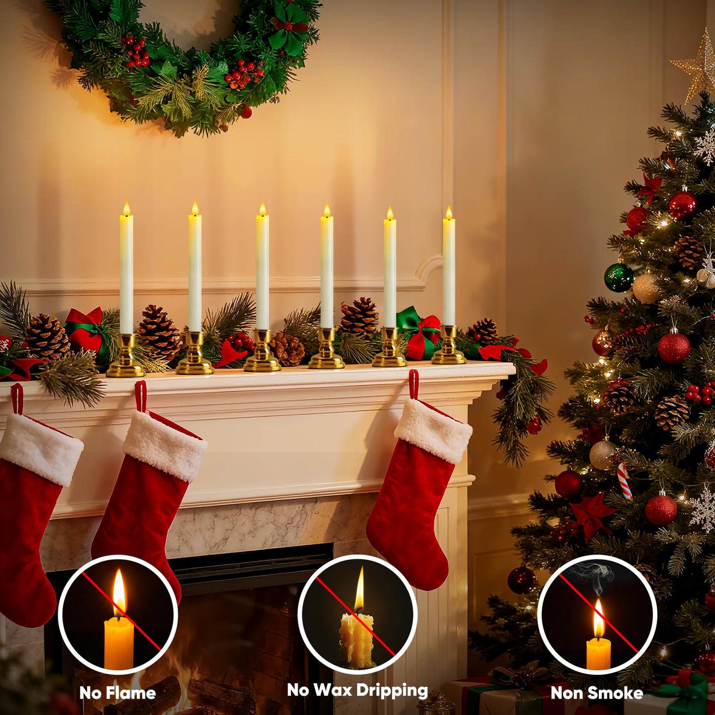 Meigic 6 Pcs Window Candles with Remote and Timer, White Battery Operated Candlesticks with Gold Holders, LED Christmas Candle for Window Home Xmas Holiday Decor