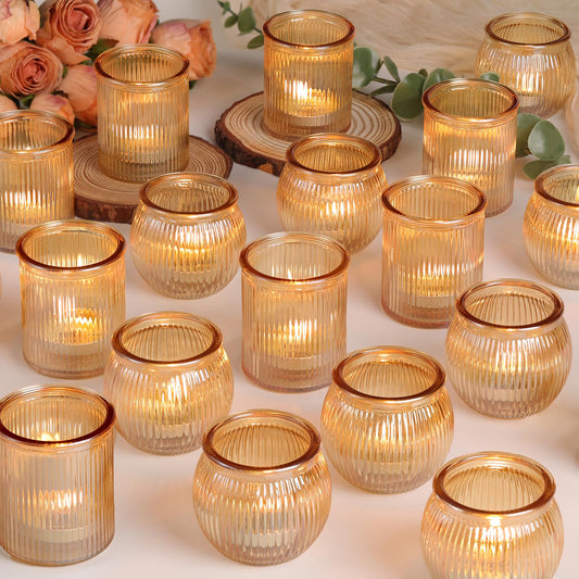 NITIME 48pcs Assorted Gold Votive Candle Holders, Ribbed Tea Lights Candle Holder for Wedding Decor, Glass Candle Holder for Diwali, Table Centerpiece, Party and Holiday Decorations
