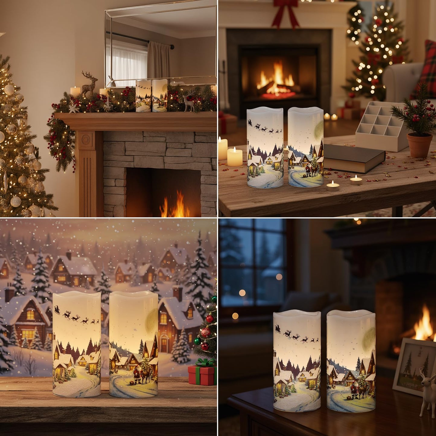 KunSwenn Christmas Flameless Candles, Christmas LED Battery Operated Candles with Remote Timer, Set of 2 Pillar Candle with Snow House, Santa, Reindeer Decals for Holiday Winter Decor(D6” x H3”)