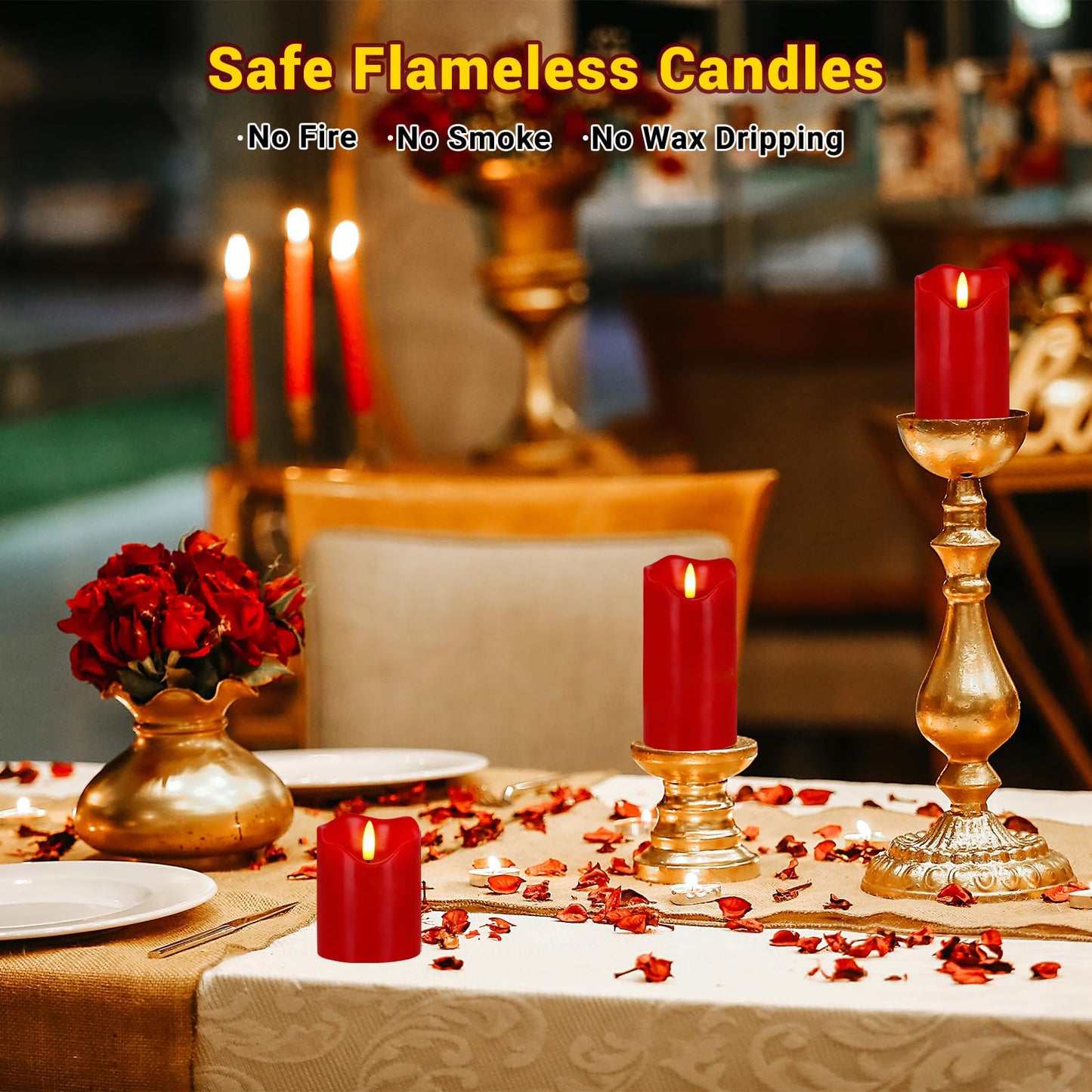 Flickering Flameless Candles, Set of 3 Red LED Candle Light with Remote & Timer, Battery Operated Electric Pillar Candle by Real Wax Dimmable Fake Candles for Valentine's Day Wedding Anniversary (Red)