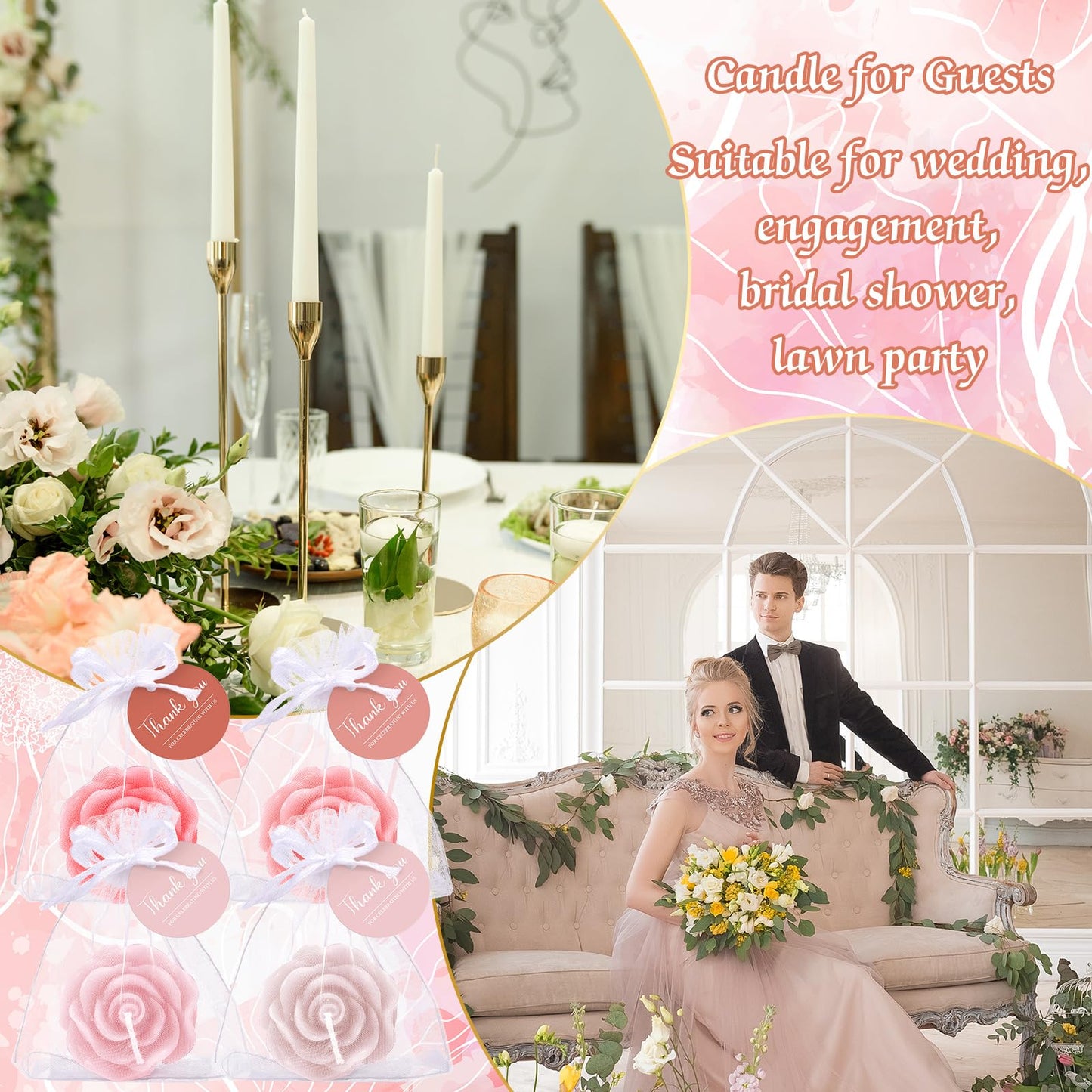 Treela 24 Set Flower Candles Wedding Favor for Guests Mini Pink Champagne Rose Shaped Tealight Candles for Return Gift Wedding Birthday Bridal Shower Housewarming Party
