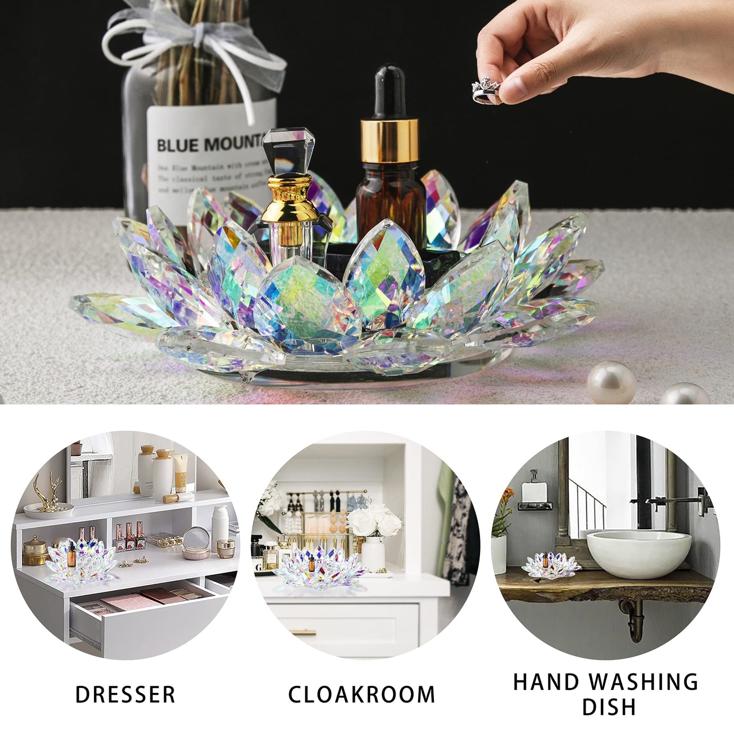 Large Crystal Lotus 7'' Width Candle Holder Tealight Pillar Candle Plate Candlestick, Glass Votive Candle Holder for Christmas Wedding Dinner Table Decor