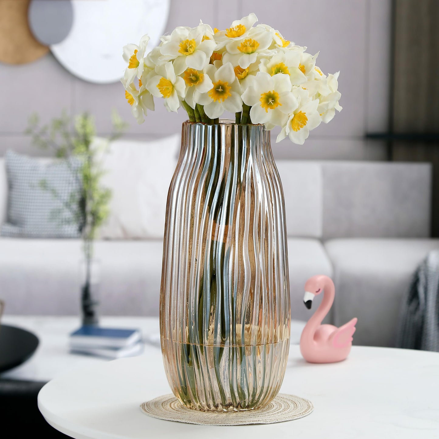 Large Amber Glass Vase for Home Decor Ribbed Tall Gold Floor Vase 12.0" Decorative Vases for Table Centerpieces Flowers Decor and Farmhouse(Brown 8.0in)