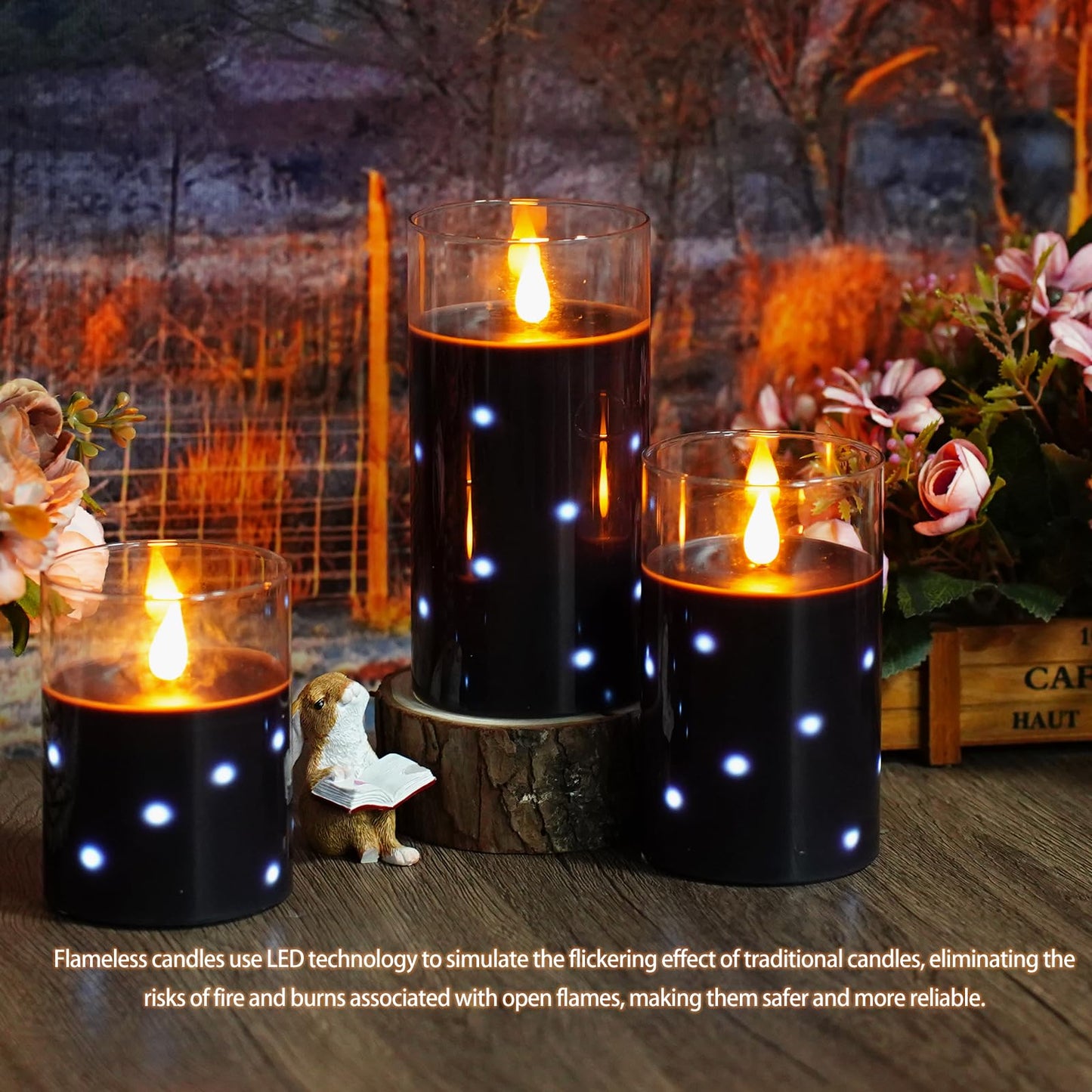 Nimiko Real Wax Flameless Candles Glass,Battery Operated LED Candles with Flickering Flame,Glass Shell,Interior Star Light Decoration Set of 3 Black (D3×H 4" 5" 6") for Home Decor,Holiday Decoration