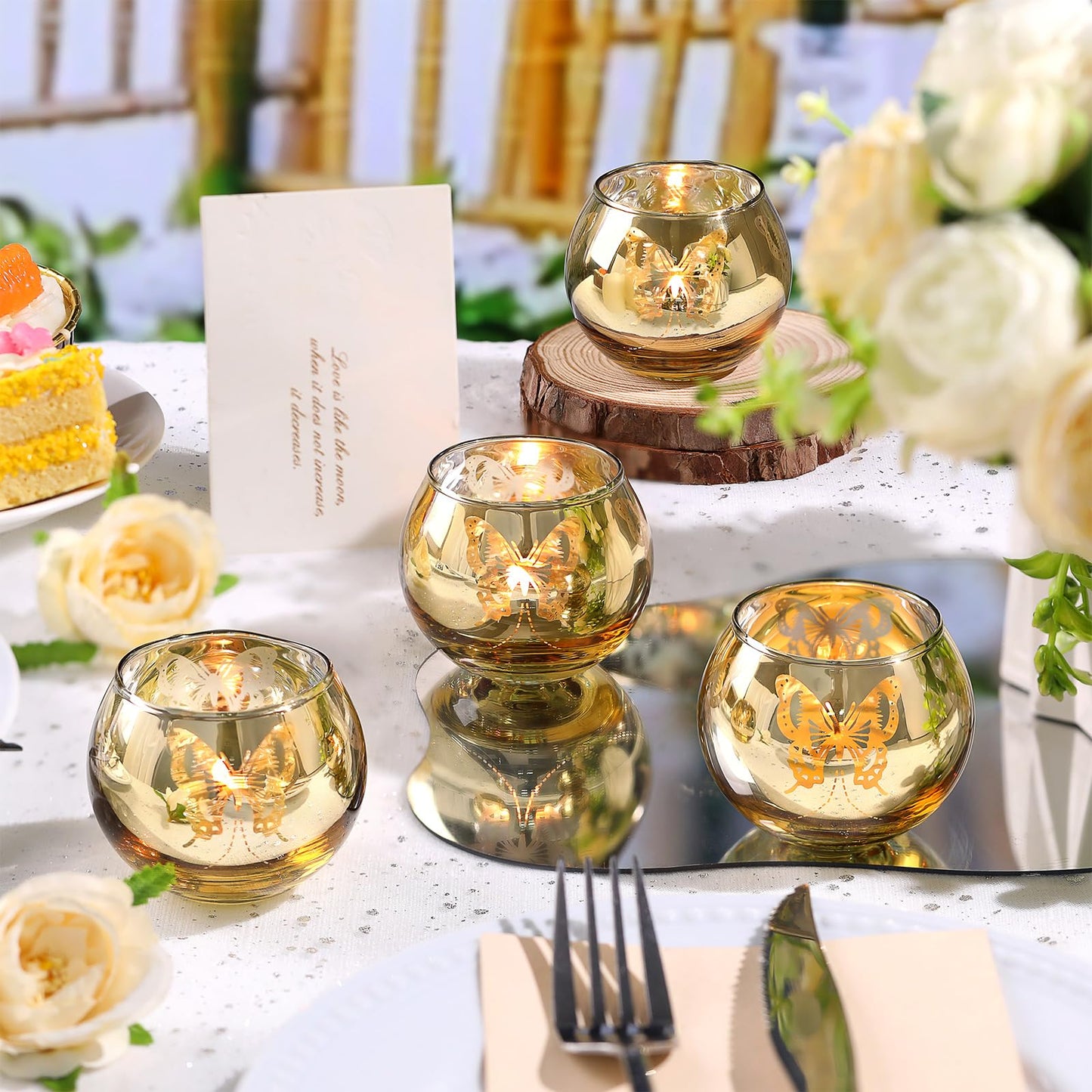 Gold Votive Candle Holders Set, 12 PCS Tea Lights Candle Holder Decorative Bulk with Butterfly Pattern, Candle Holders for Wedding, Birthday, Anniversary, Parties, and Holiday Decorations