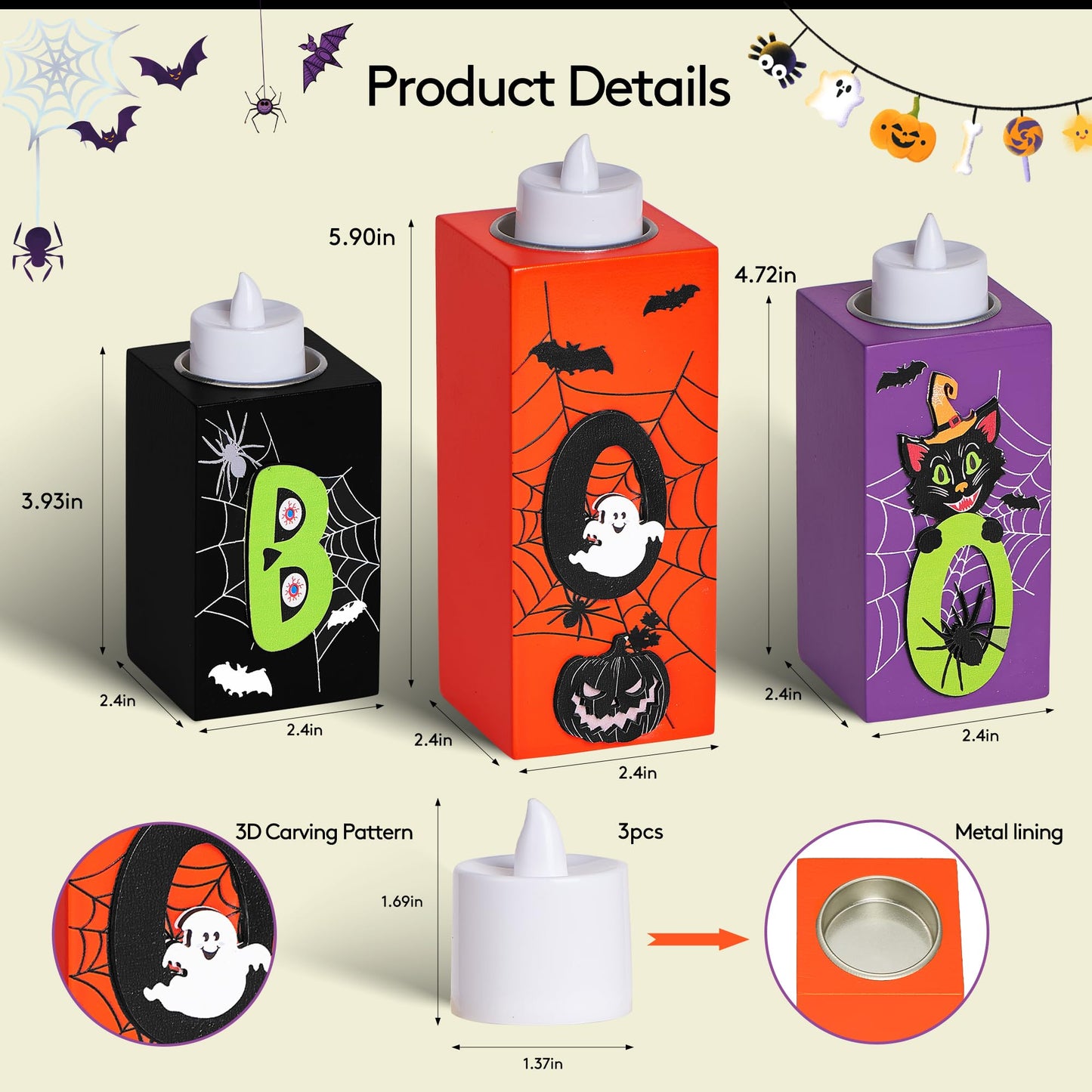 BlcTec Halloween Decorations, 3 PCS Halloween Wood Candle Holders with LED Tea Lights & 3D Carving Craft, Wood Candle Centerpieces for Home, Table, Office, Tiered Tray, Décor, Black Orange Purple