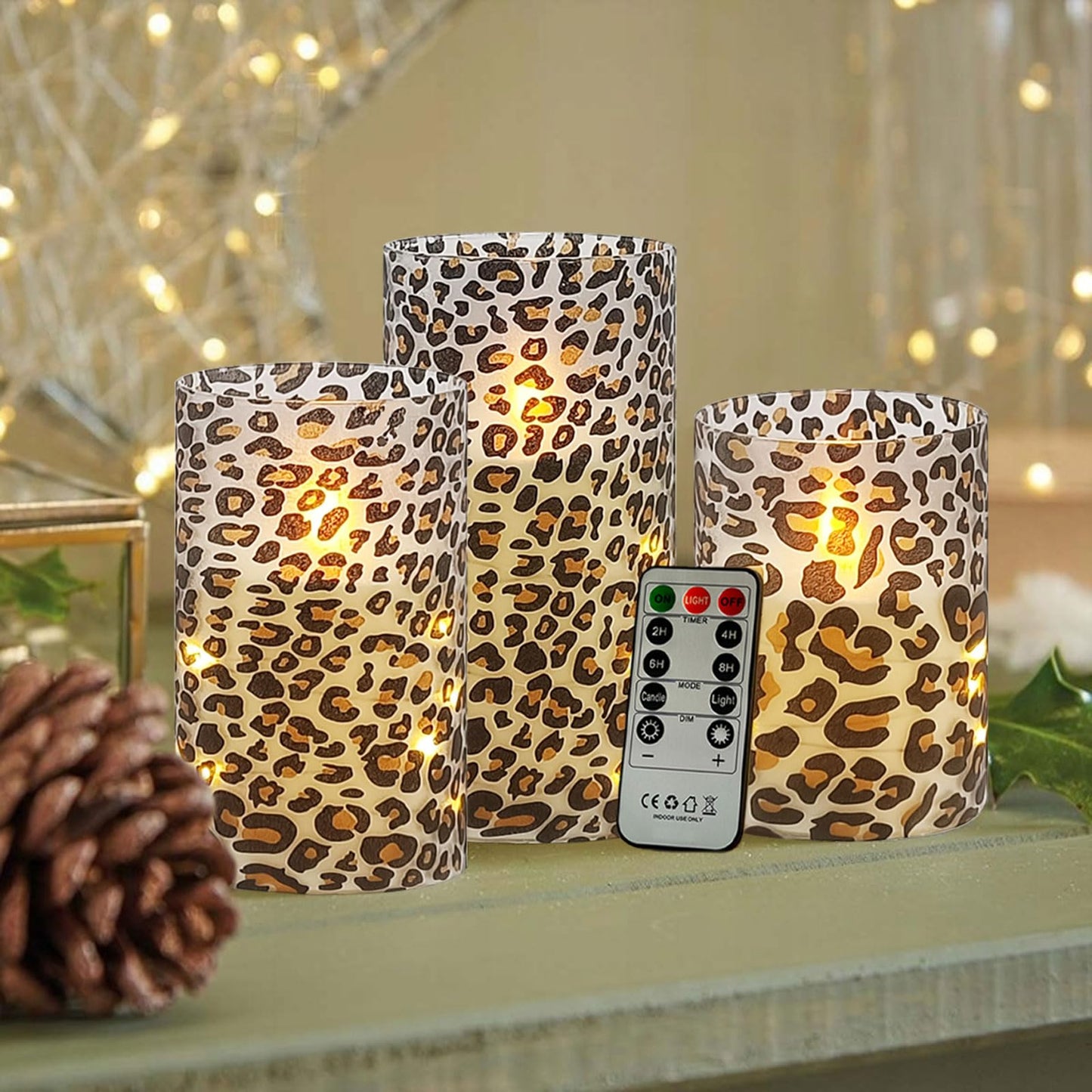 Flickering Flameless Candles Leopard Print Embedded Star String Lights, Battery Operated Acrylic LED Pillar Candles with 11-Key Remote and Timer for Home Decoration, 3 Pack