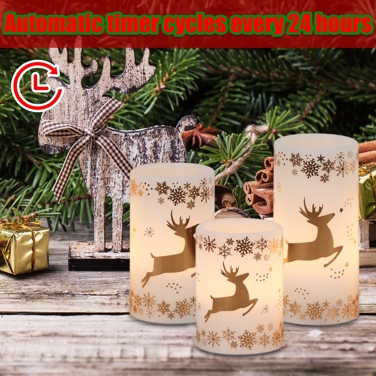 Lasumora Christmas Flameless Candles with 6H Timer, Real Wax LED Pillar Candles Flickering, Snowflake Golden Reindeer 3D Wick Candles for Home Décor Christmas Gifts, 3x4/5/6 inches