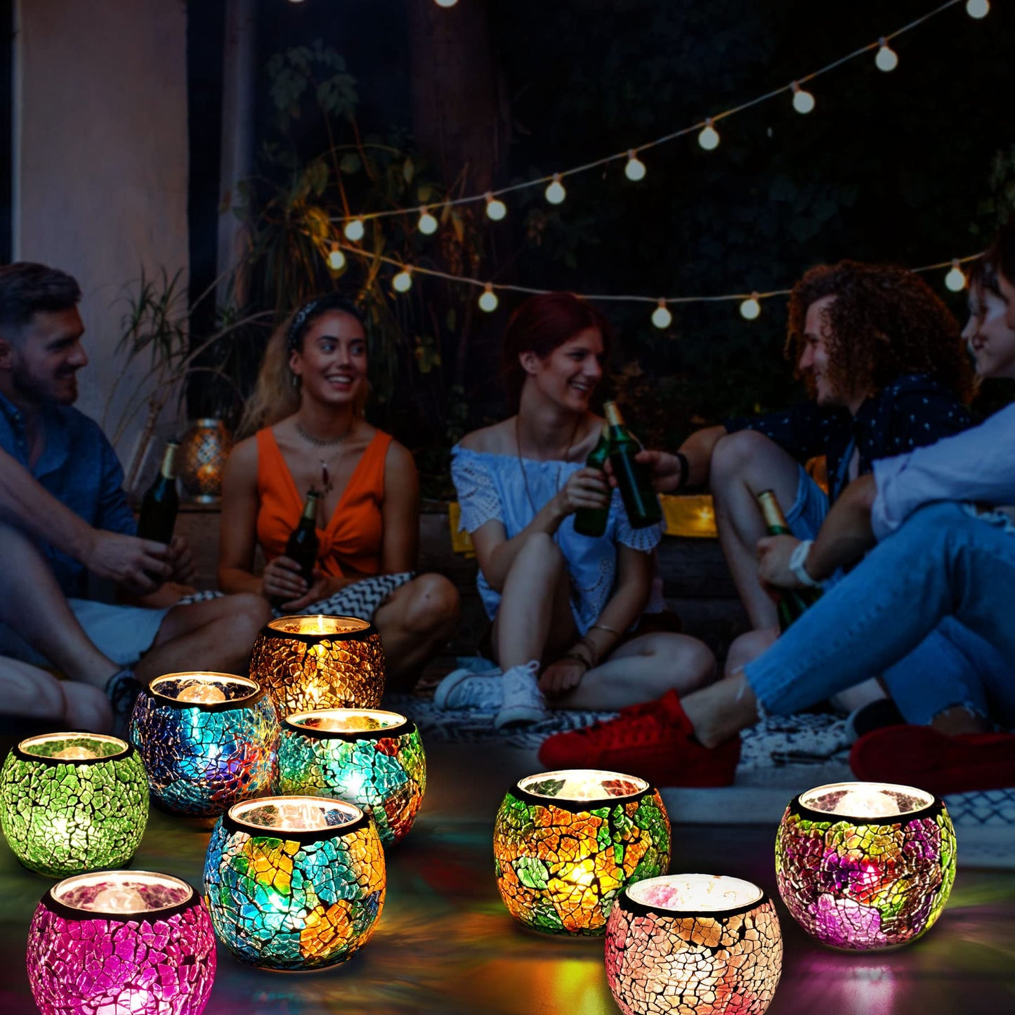 Rancco Glass Votive Candle Holder for Tealight, Romantic Mosaic Cracked Candle Holder, Candle Lamp Aromatherapy Candlescape Bowl for Valentine's Thanksgiving, Christmas Table Centerpiece,Party Decor