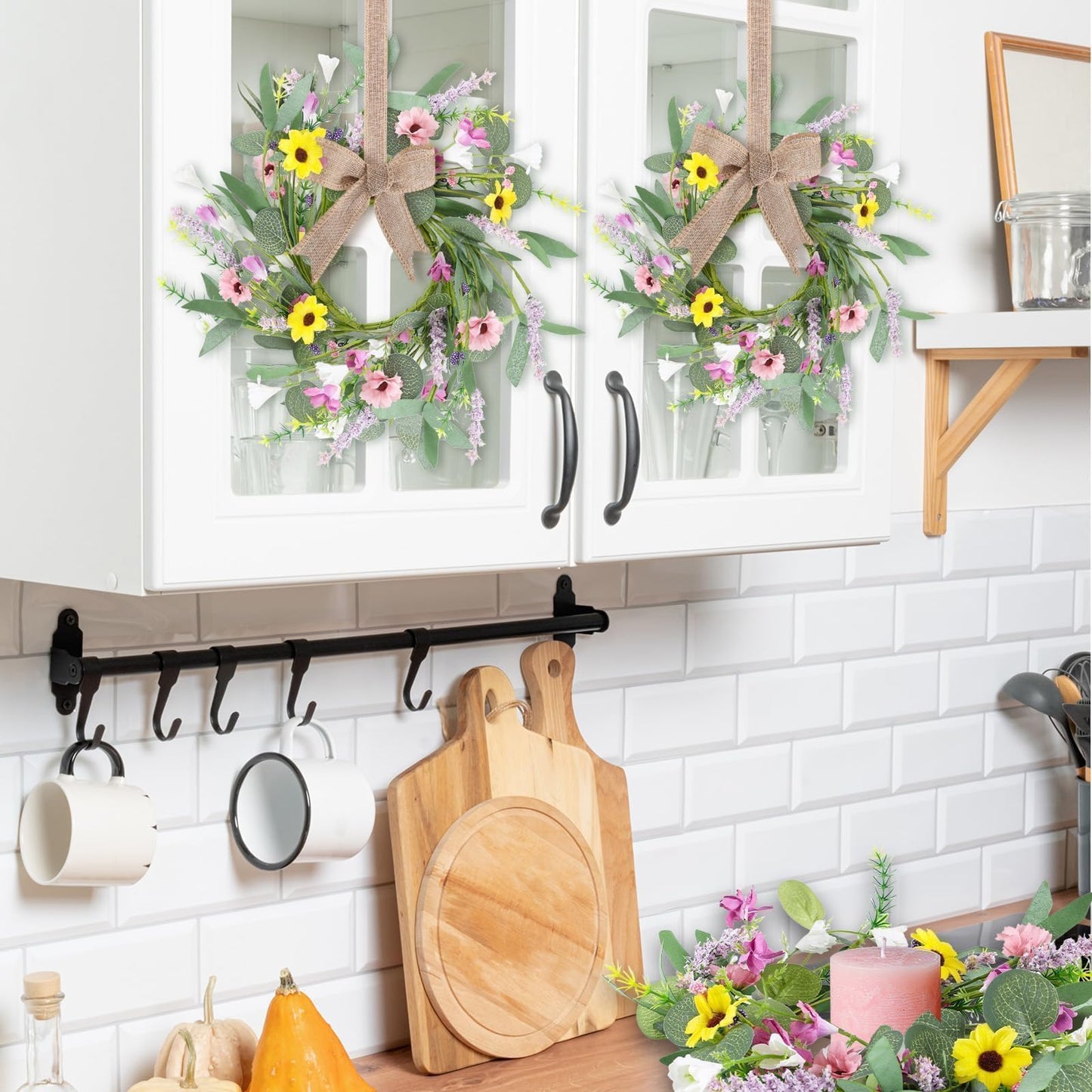 4 Pcs 9" Mini Spring Summer Flowered Wreath Floral Wedding Candle Rings Wreaths Kitchen Cabinet Wreaths with Ribbon for Pillars Wedding Table Centerpiece Farmhouse Party Home Door All Seasons Decor