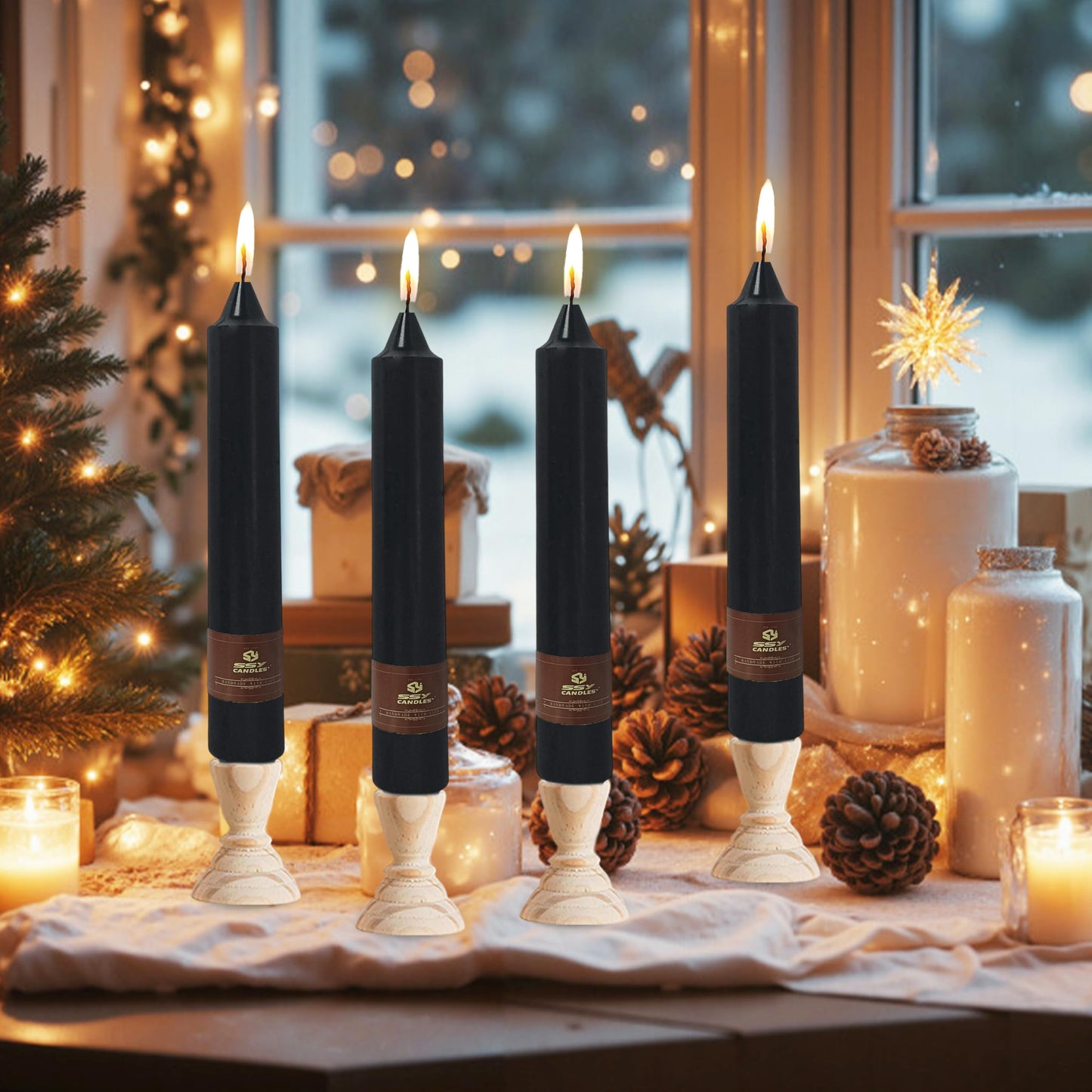 Black Halloween Taper Candles 4 Pack Hand-Poured 9 Inch Unscented Long Tapered Candles for Spooky Decor, Haunted Houses & Gothic Weddings - Clean Burning, Smokeless & Odorless