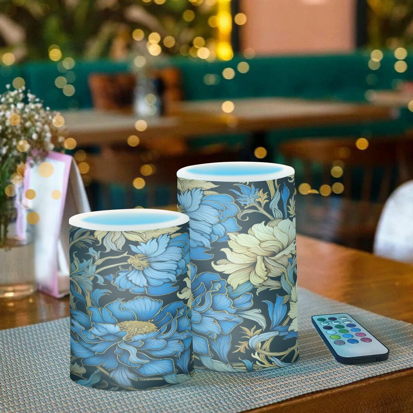 ALAZA Blue Gold Luxury Flowers Flickering Flameless Candles Battery Operated with Remote Timer,Tea Light Candles LED Pillar Votive Candles Set of 2 for Outdoor Indoor Decorations