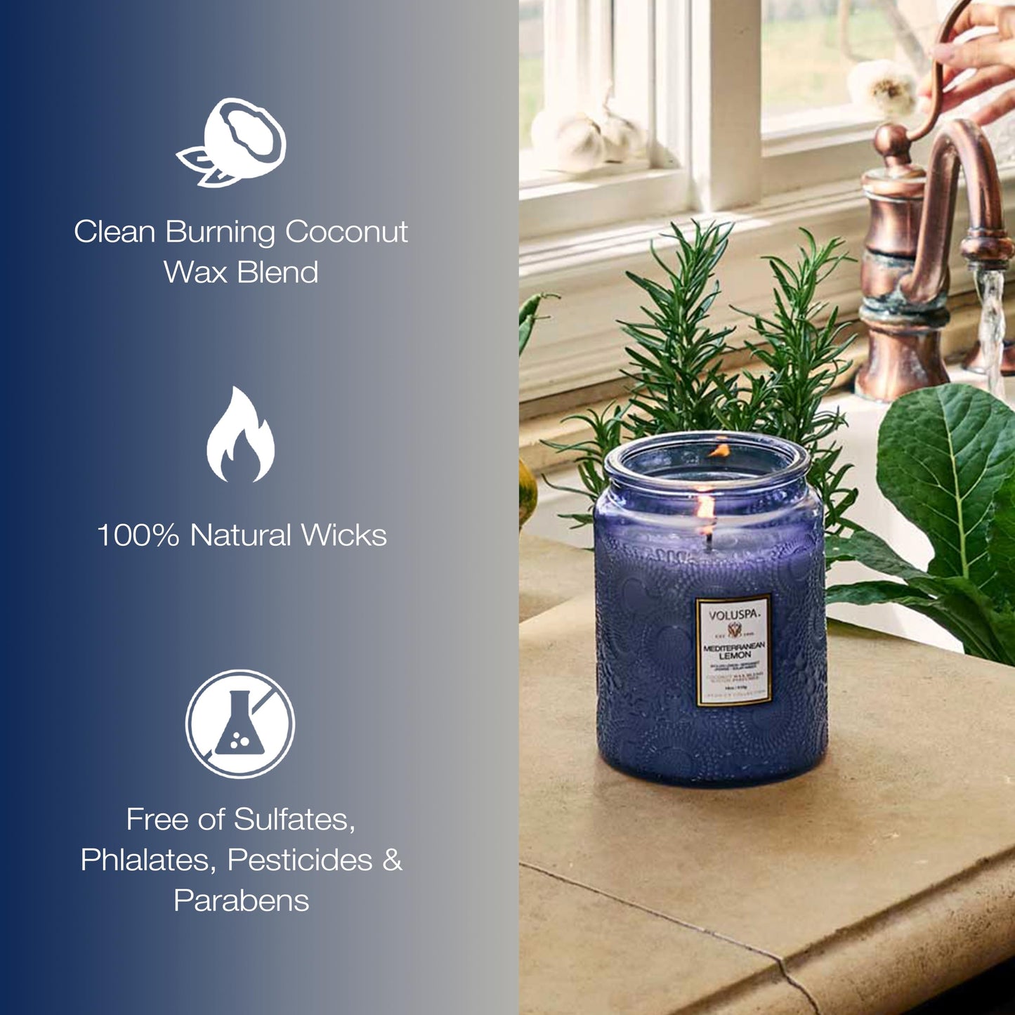 Voluspa Mediterranean Lemon Candle Jar, 18 oz, Coconut Wax Blend, Large Scented Candles for Home, 100 Hour Burn Time, Poured in the USA