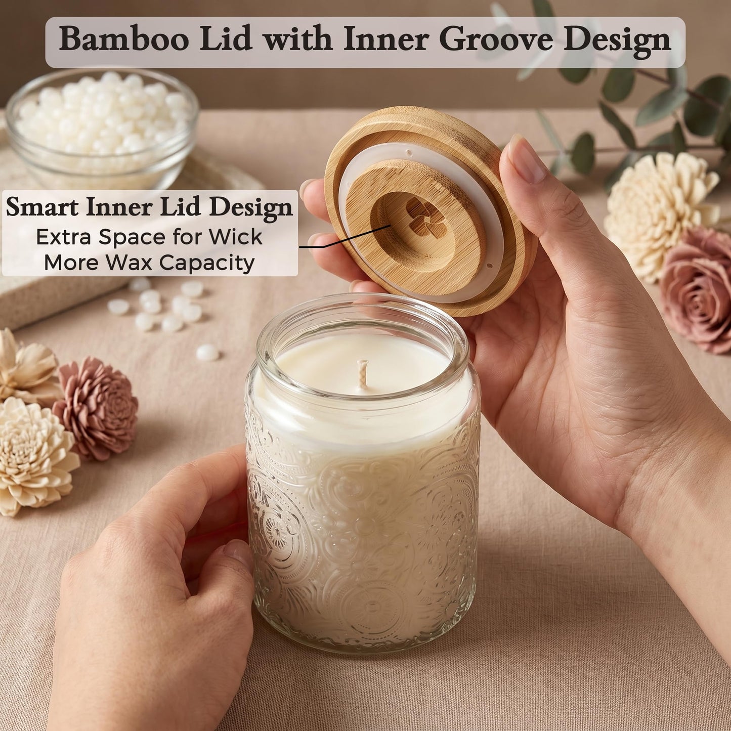 9-Pack 8oz Embossed Glass Candle Container with Bamboo Lids and Labels, Clear Candle Jars for Making Candles, Sun Moon Star Design
