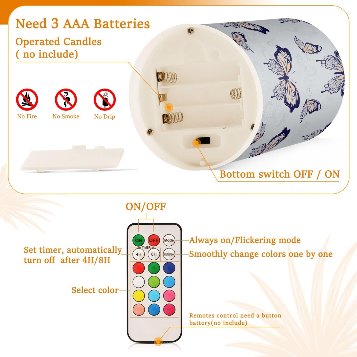 Grgvtei Flameless Candles Gray and Black Butterflies Flickering LED Pillar Candles with Remote & Timer, Battery Operated Set of 2 Warm Glow for Wedding Party Home Decoration