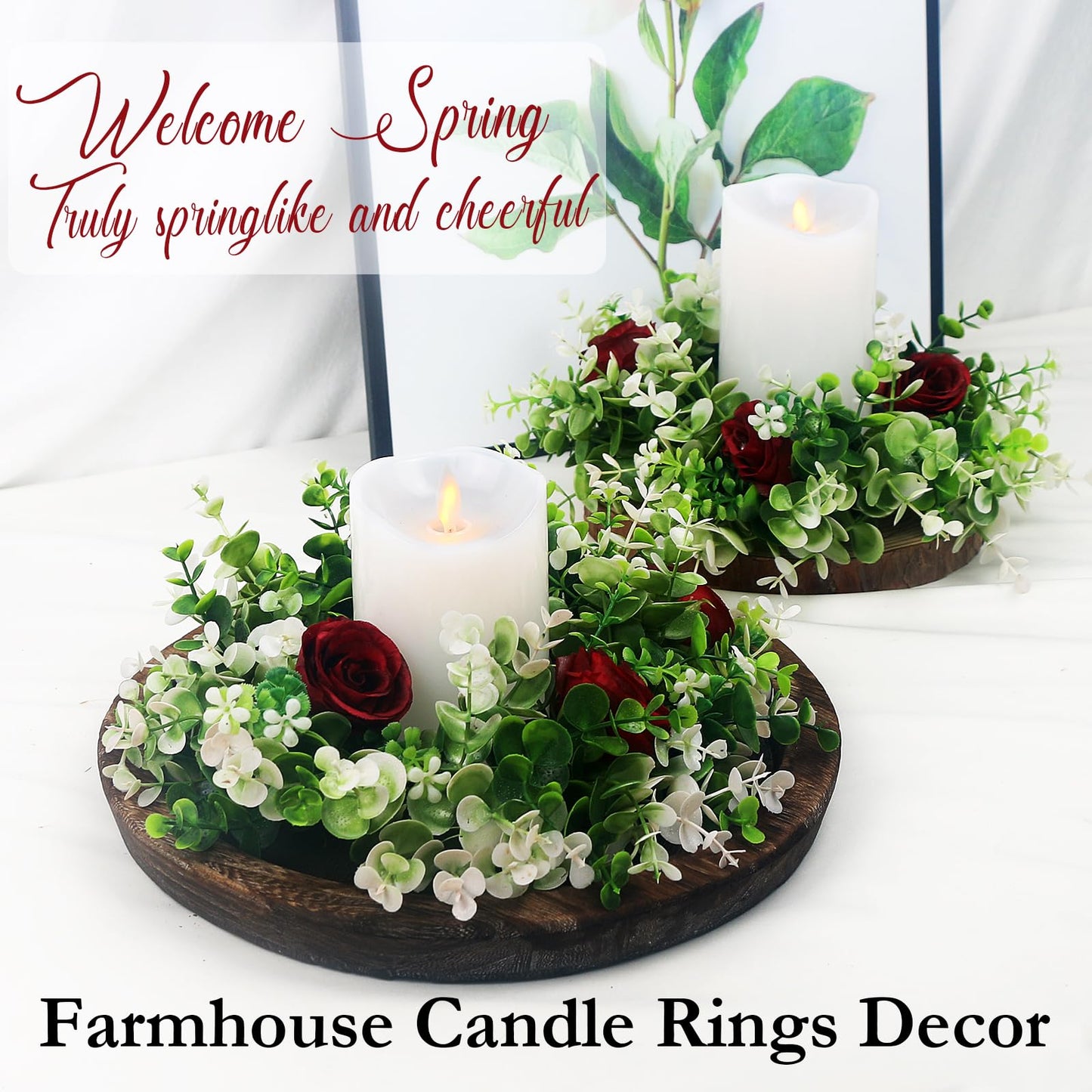 Acmee 4 Pcs Rose Floral Candle Rings Artificial Burgundy Flowers Wreaths with Green Eucalyptus Leaves Rose Candle Rings for Pillar Wedding Farmhouse Centerpiece Home Decor