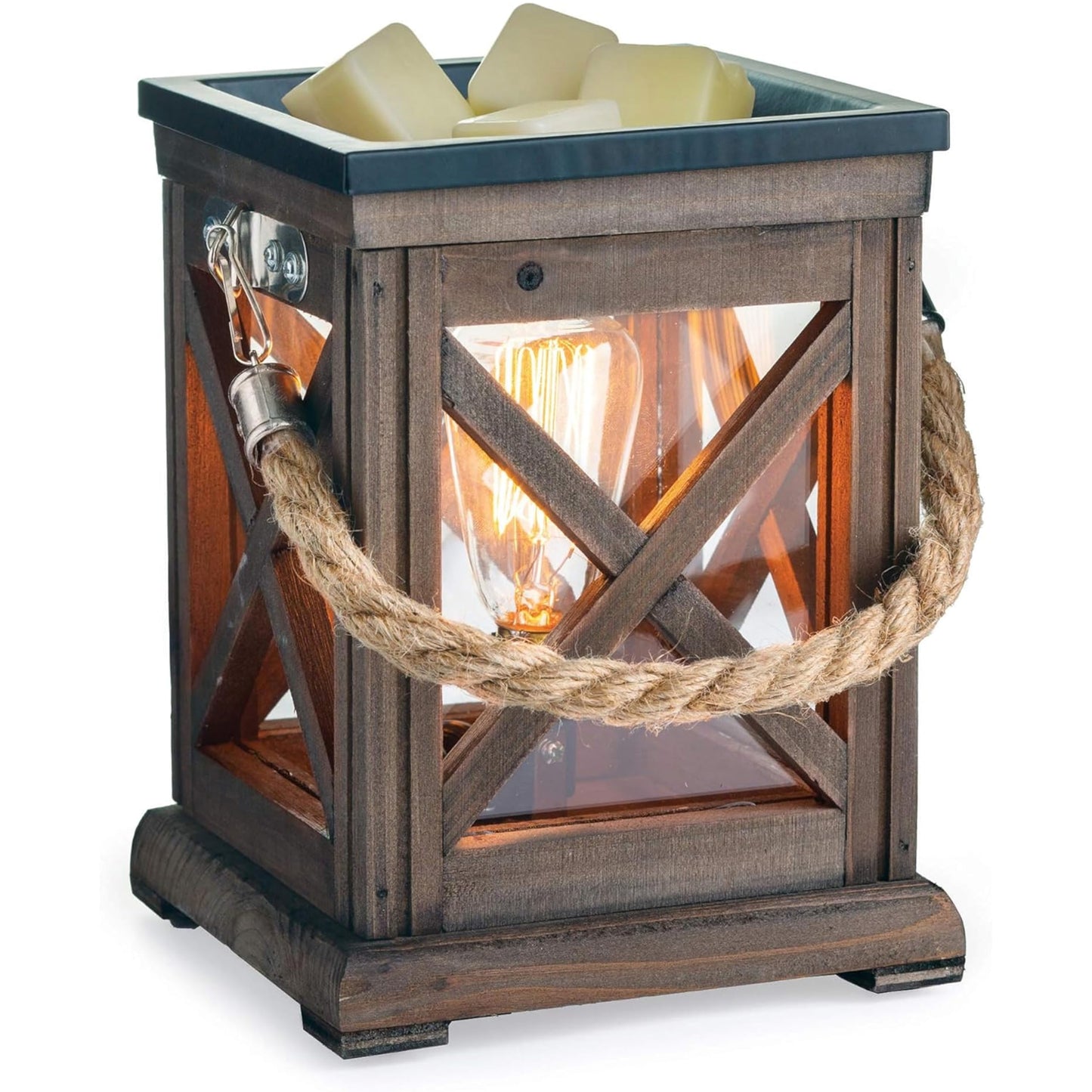 Candle Warmers ETC. Vintage Bulb Illumination Fragrance Warmer- Light-Up Warmer for Warming Scented Candle Wax Melts and Tarts to Freshen Room, Walnut & Rope