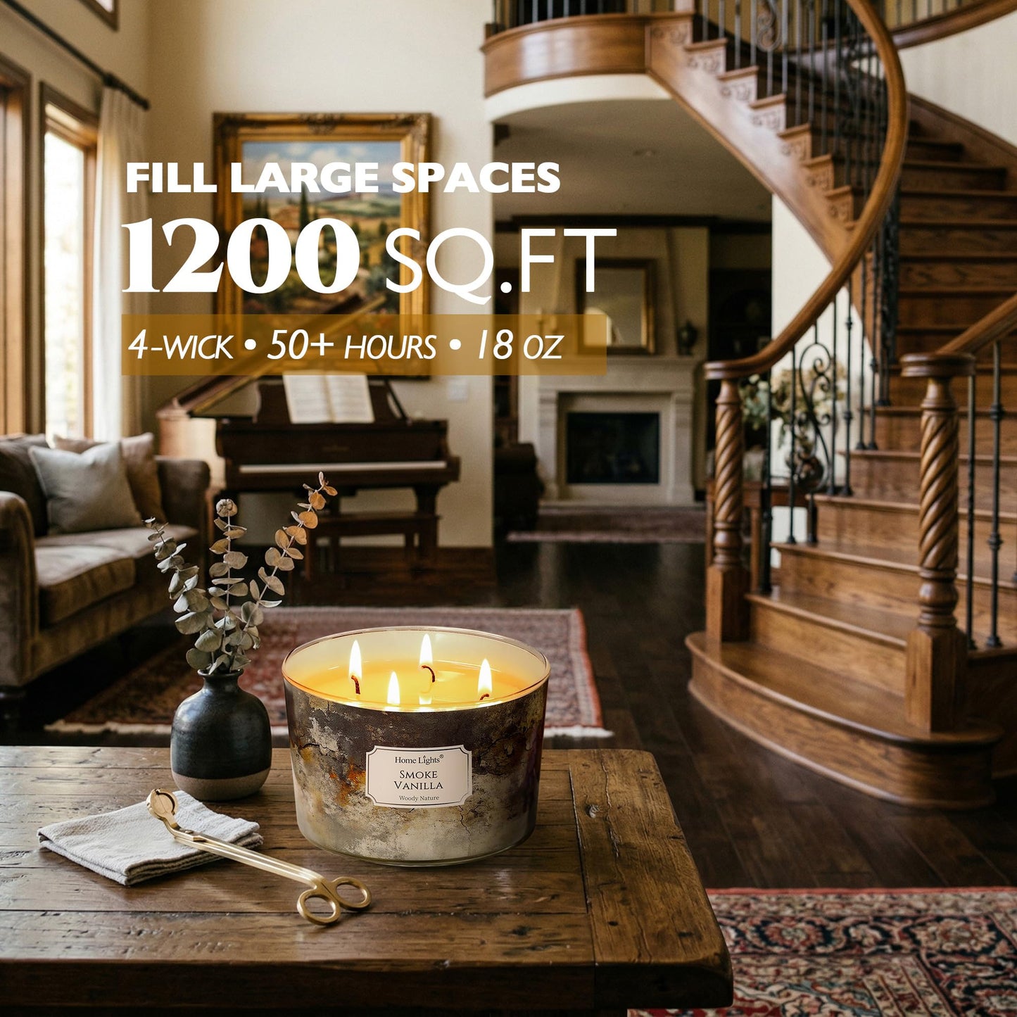 HomeLights Large jar Candle | 4-Wick Long-Lasting Scented Candles, 18oz Natural Soy Wax Candle for Home Scented, Industrial Chic Gifts for Women & Men, Smoke Vanilla