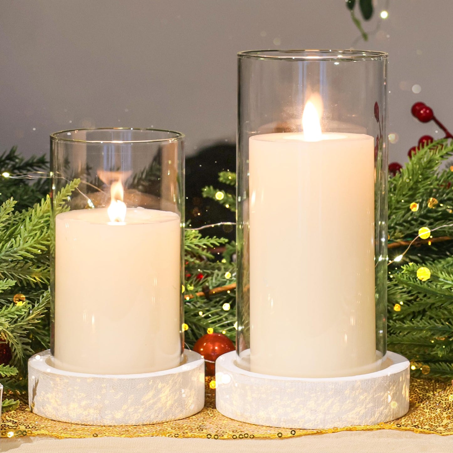 Ronasip Set of 2 Hurricane Candle Holders with Wood Base & Glass Cylinder (4.2x5.9” & 4.6x7.8”) – Rustic Wooden Candle Holders for Home Decor, Weddings, Table Centerpieces (2, White)