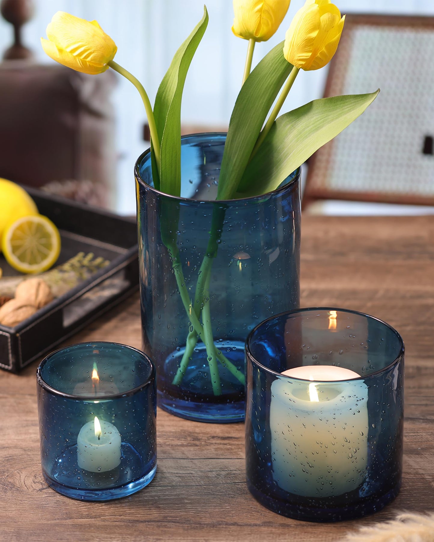 Hurricane Candle Holder Set of 3 Blue Candle Holders for Pillar Candles, Seeded Bubbles Glass Candle Holder, Blue Glass Cylinder Vases for Table Centerpieces, Home, Patio and Wedding 8" 4.7" 3.5"