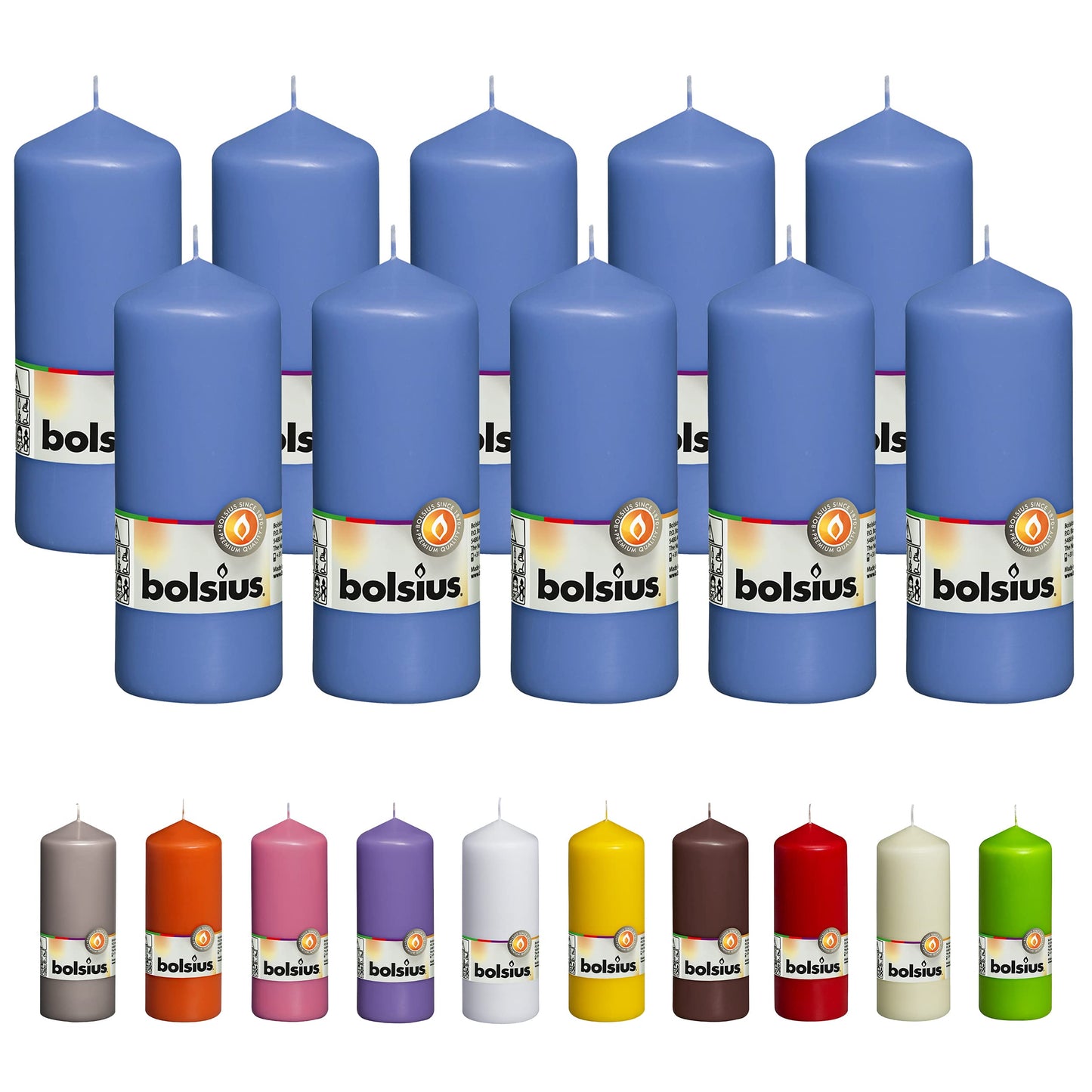 BOLSIUS 10 Blue Pillar Candles - 2.25 x 6 Inches - Premium European Quality - Individually Wrapped - 42 Hours Burn Time - Dripless Smokeless Unscented Dinner, Wedding, Party, & Restaurant Candles
