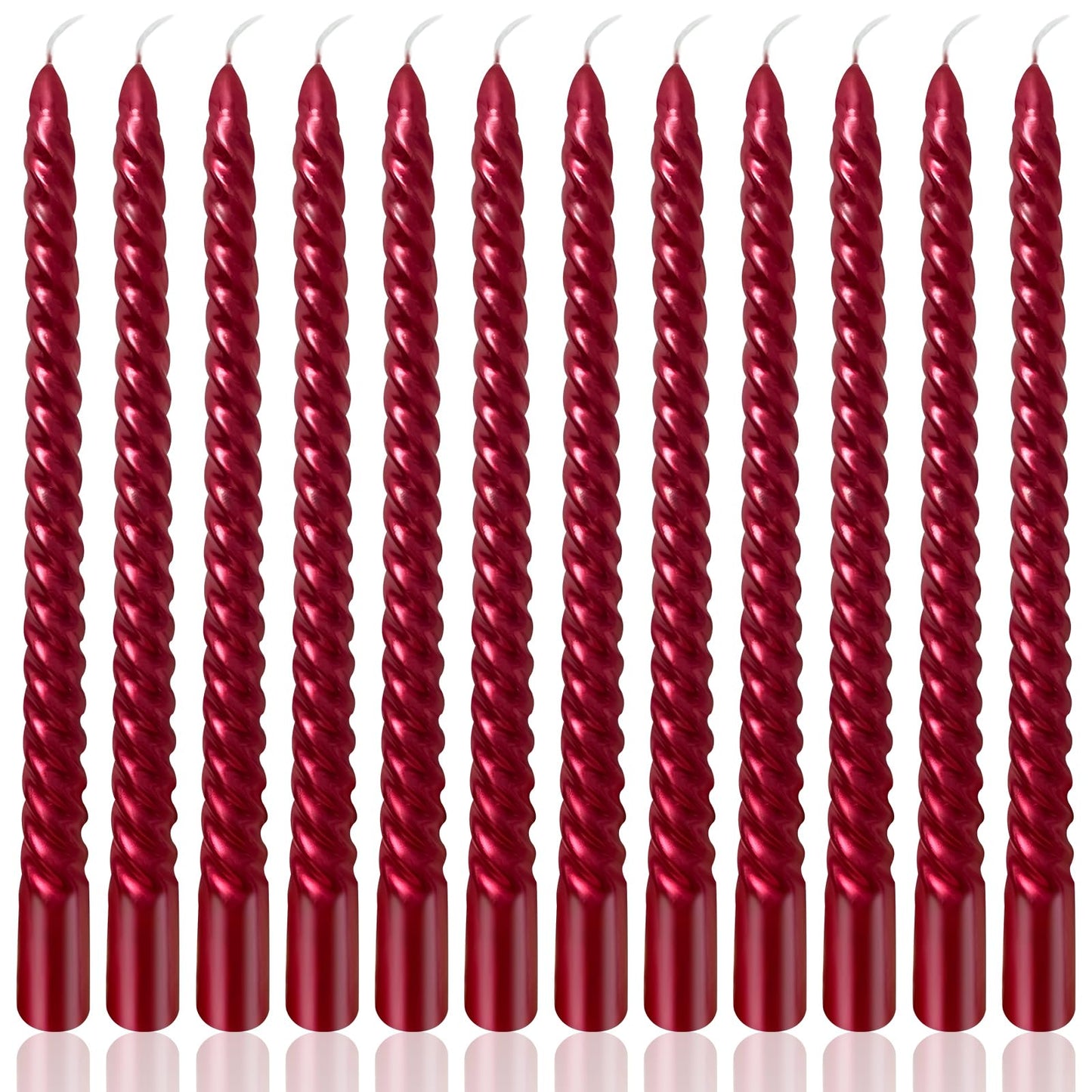 10 Inch Burgundy Spiral Taper Candles Set for Christmas and Valentine's Day, 12 Pack Unscented Red Candlesticks, Dripelss Thin Candles for Wedding Religious and Political Events