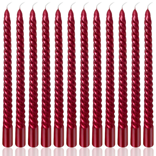 10 Inch Burgundy Spiral Taper Candles Set for Christmas and Valentine's Day, 12 Pack Unscented Red Candlesticks, Dripelss Thin Candles for Wedding Religious and Political Events