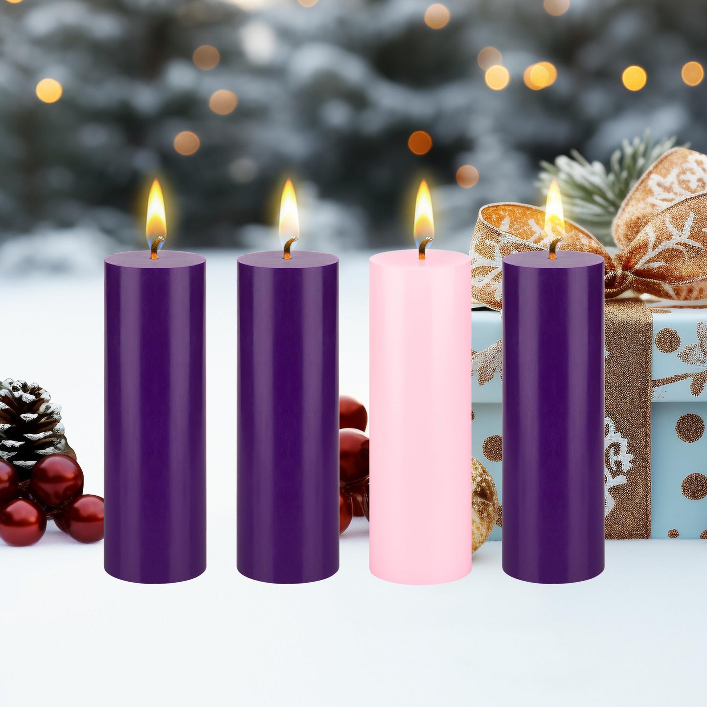 Mega Candles 4 pcs Unscented Christmas Advent Candles Set, Hand Poured Premium Wax Round Pillar Candle 2 Inch x 6 Inch, Holidays, Occasions, Events, Festivitiess, Devotional, Church, Wreath, Gifts
