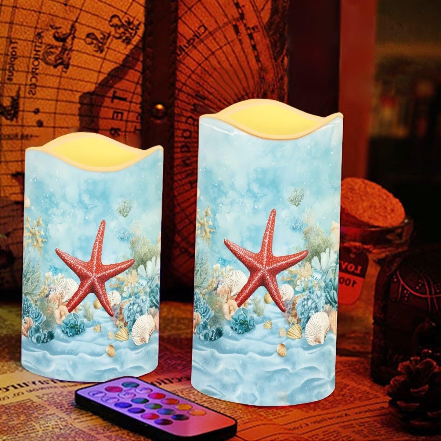 Cozeyat Starfish Sea Flameless Candles Set of 4 Battery Powered LED Pillar Candles with Remote Timer Flickering for Indoor Outdoor Table Beach Decor