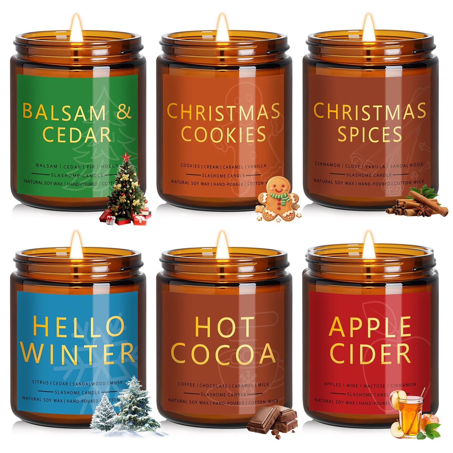 Christmas & Winter Candle Gift Set, 6 Pack 7oz Soy Scented Candles for Home, Holiday & Birthday Gift for Women & Men, Balsam Cedar, Christmas Cookies & Spices, Apple Cider, Hot Cocoa & Hello Winter