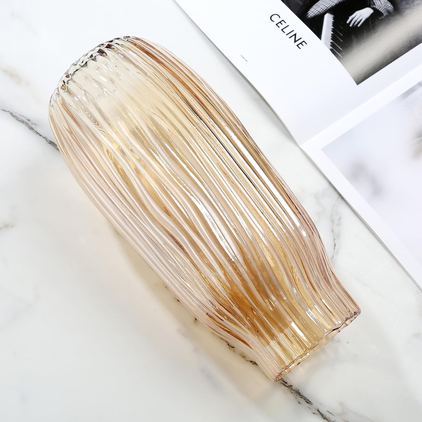 Large Amber Glass Vase for Home Decor Ribbed Tall Gold Floor Vase 12.0" Decorative Vases for Table Centerpieces Flowers Decor and Farmhouse(Brown 8.0in)