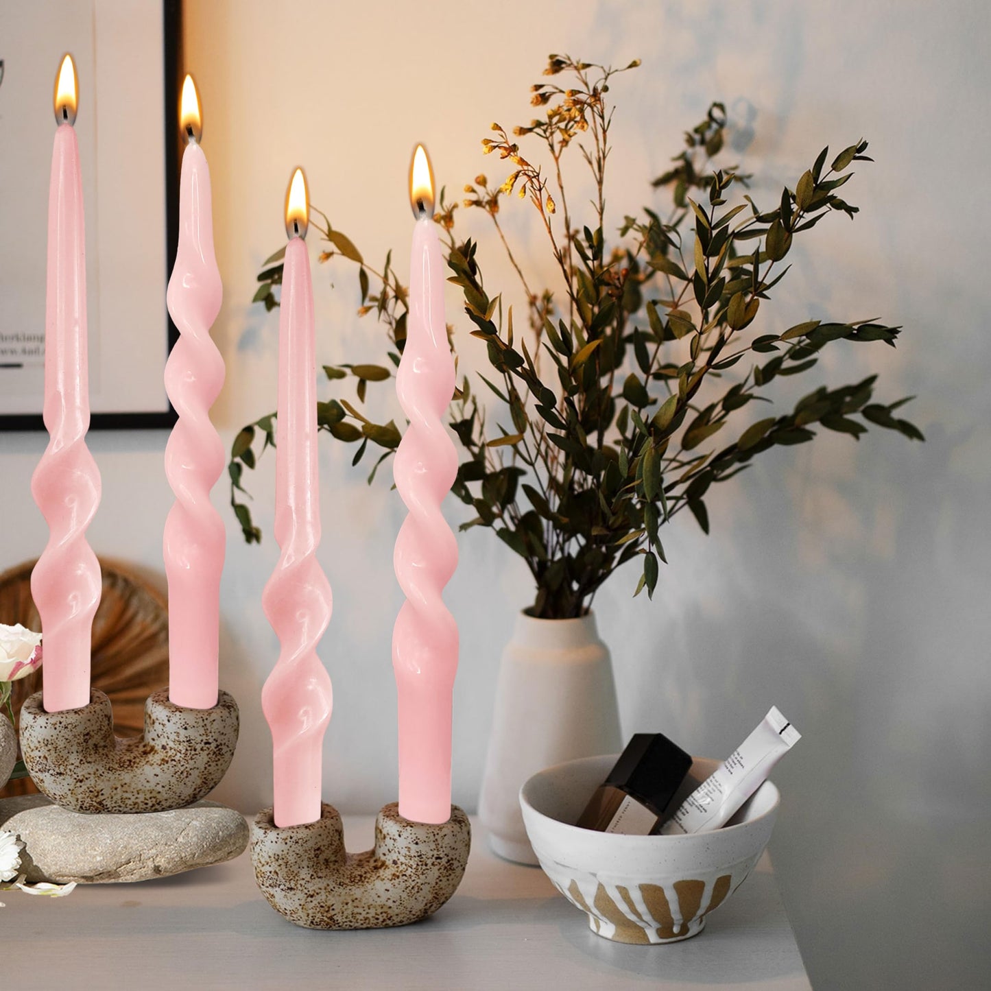 Spiral Candle Pink 10 Inch Tall Taper Candle 4 PCS Unscented Candles Sticks Smokeless Tapered Candles for Home Party Wedding Decoration Valentine's Day Anniversary & All Special Occasions