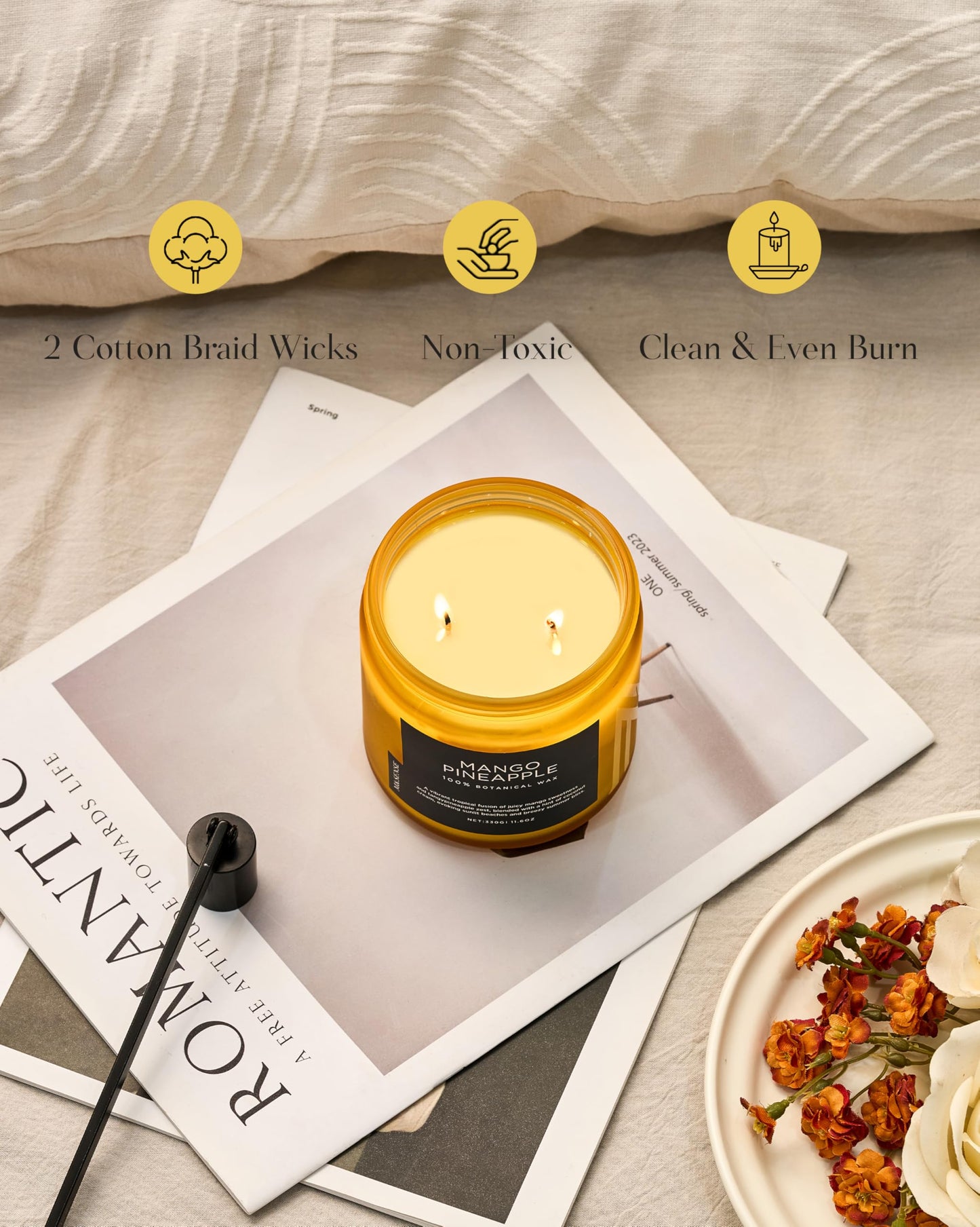 M&SENSE Mango Pineapple Tropical Scented Candle - 11.6oz Natural Soy Wax Non Toxic 70-Hour Burn 2-Wick Fruit Scent for Home, Housewarming Gifts - Aromatherapy Candle for Women, Men & Family Friends