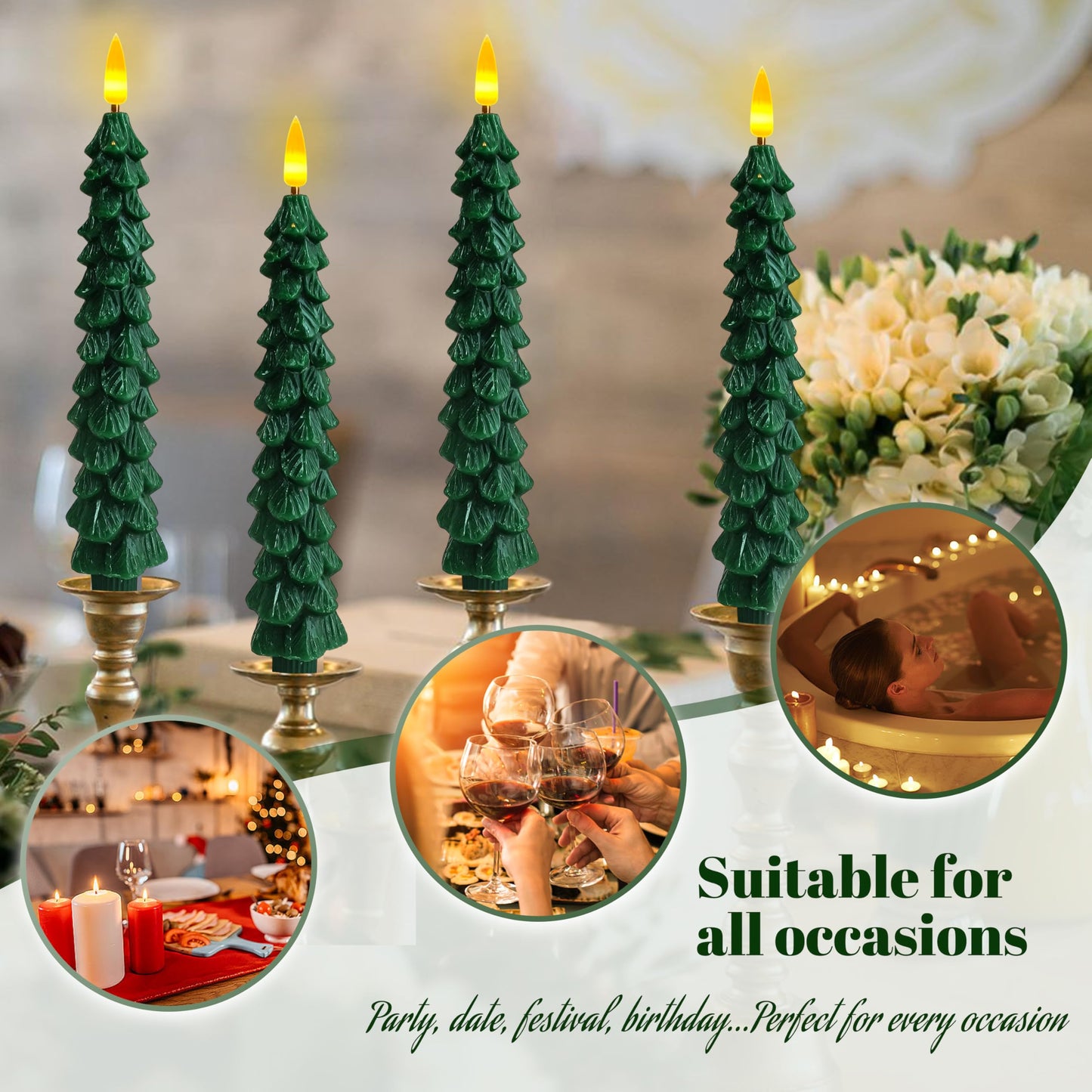 FCMSHAMD Dark Green Christmas Trees Flickering Flameless Candles with Remote and Timer, Real Wax 3D Flame Wick LED Candles, 9.8 Inch Battery Operated Candles for Christmas Home Decoration，4PCS
