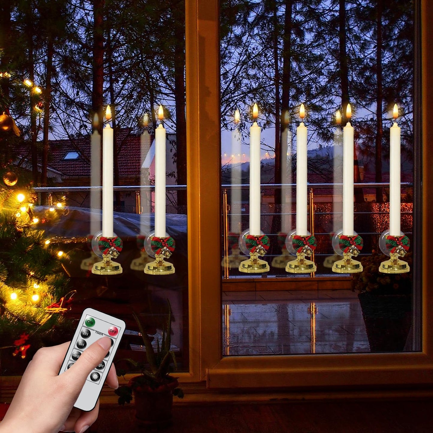 Wondise Flameless Window Candles with Remote Timer, Battery Operated Taper Candles with Wreath, 3D Wick Flickering for Christmas Decoration, Removable Suction Cups and Gold Holders Included (6 Packs)