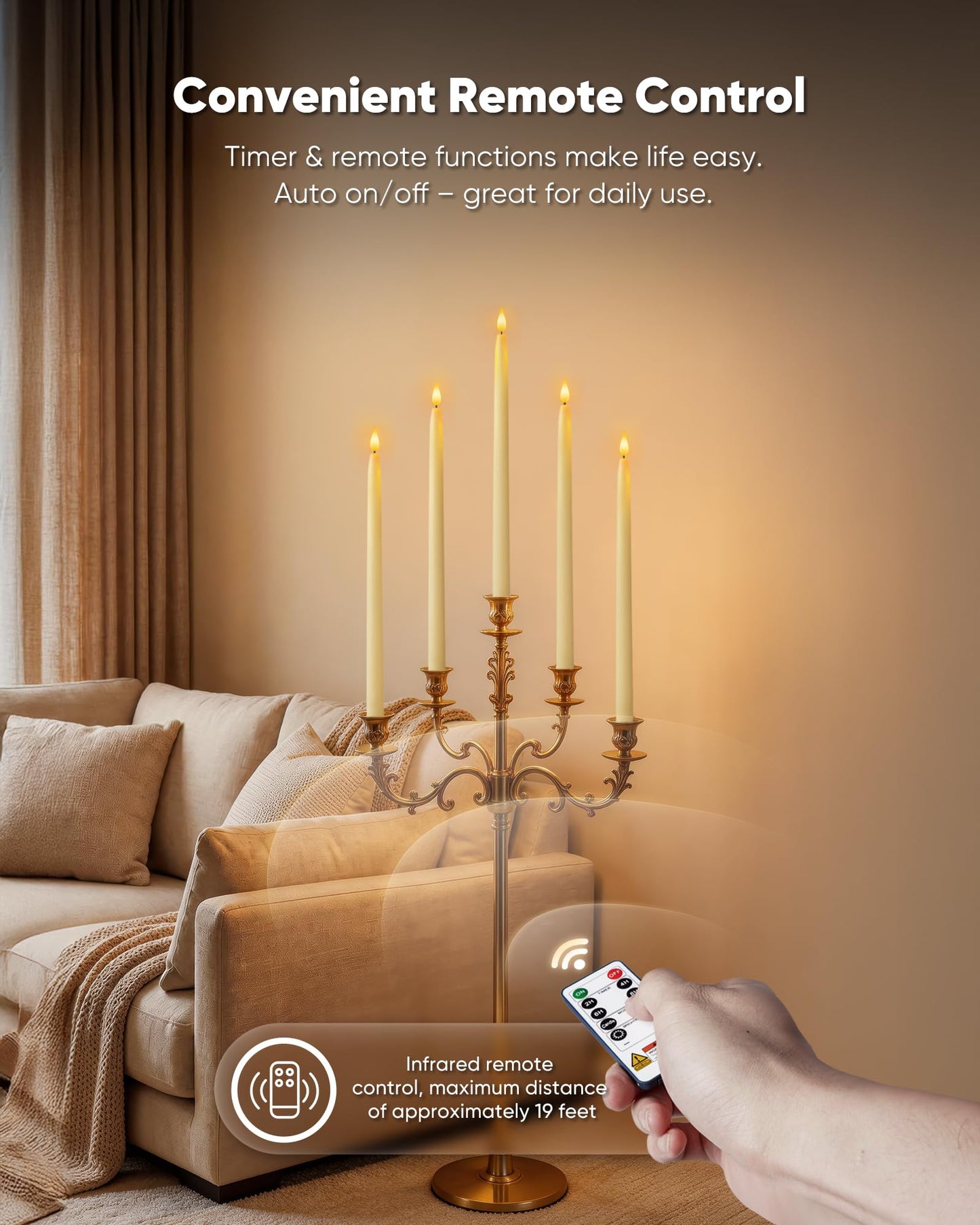 Homemory 15 inches Real Wax Flameless Taper Candles with Remote Timer, 6 Pcs Ivory LED Taper Candles Battery Operated with 3D Flickering Flame, Window Candle Led Candlesticks for Dinners Home Decor