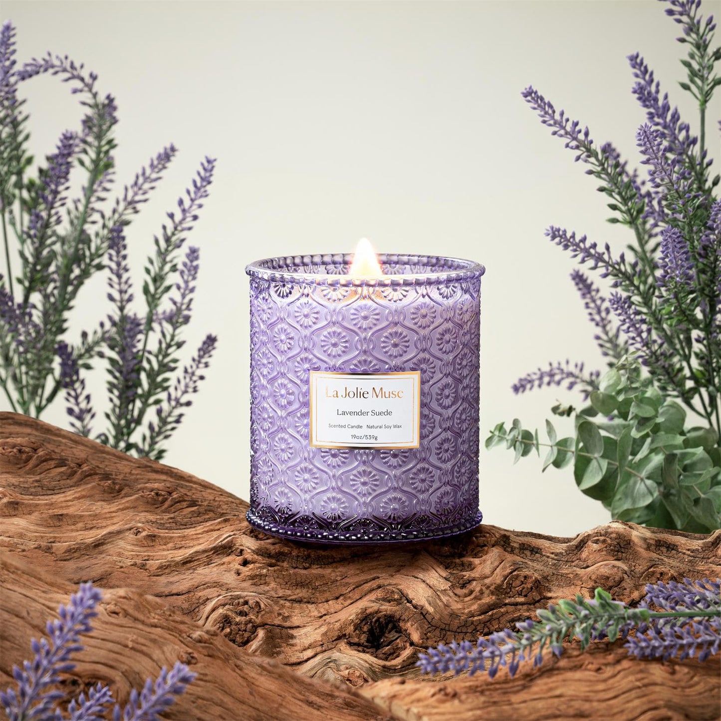 LA JOLIE MUSE Lavender Suede Scented Candle for Home |19 oz Non Toxic Soy Wax | Large Purple Jar Candle | Aromatherapy Candles | Luxury Gifts for Women & Men