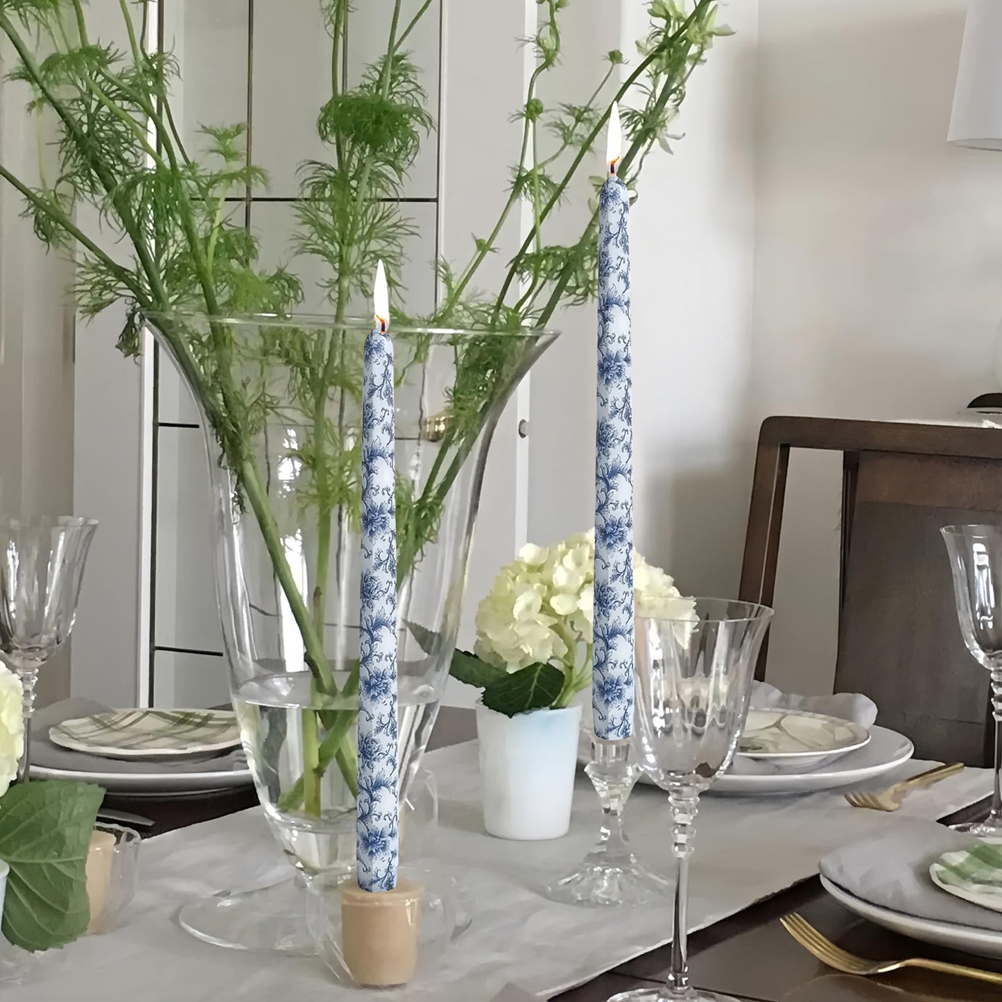 NJAO HOO Candlesticks 10 in Straight Taper Candles Hand Printing Blue and White Candlesticks Tall Tapered Candle Sticks for Home Garden Decor Simple Modern, 2Pcs