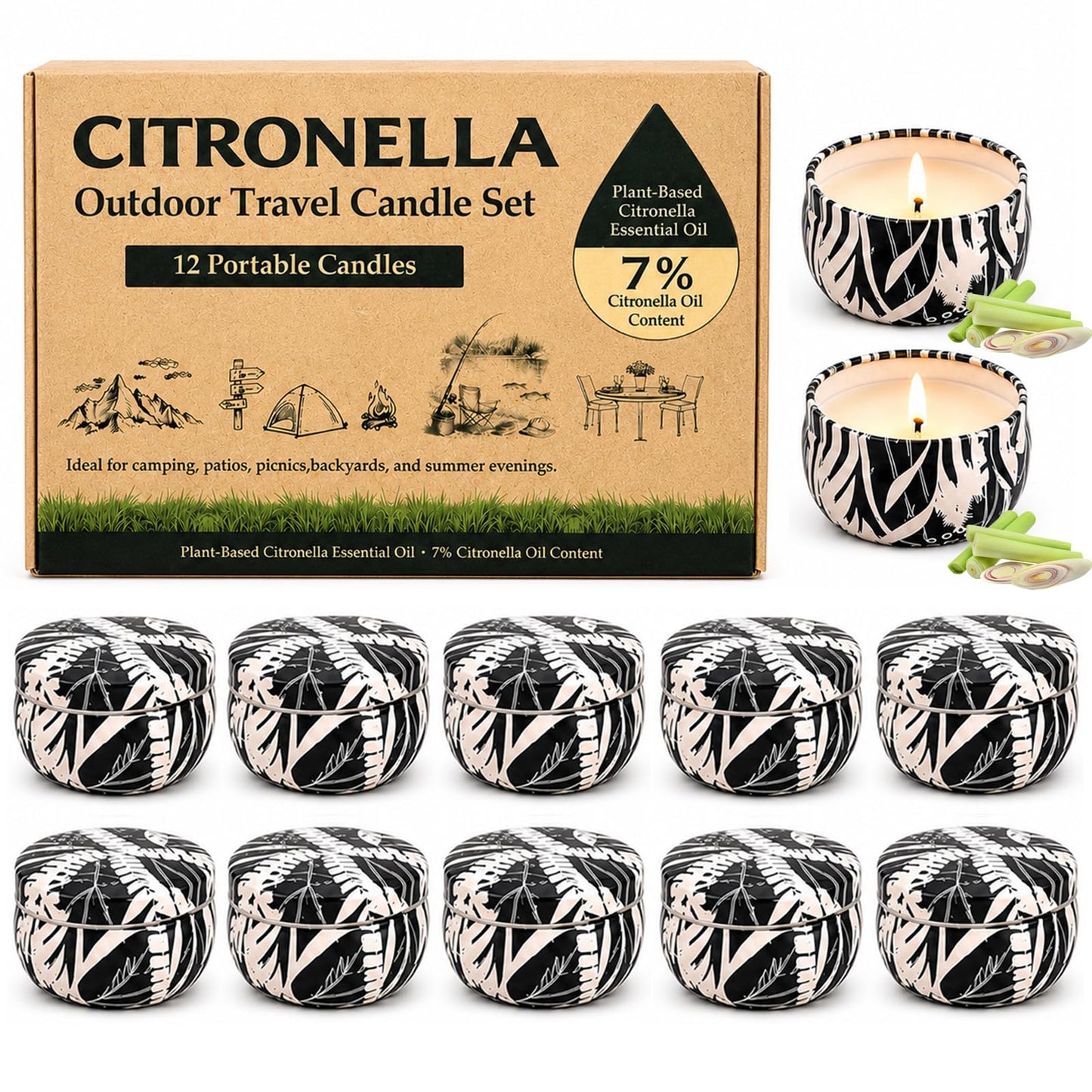 Citronella Candles Outdoor, 12 Pack Natural Soy Wax Citronella Candles, 300 Hours Long-Lasting Burn Citronellas Candle for Backyard, Garden, Patio and Camping