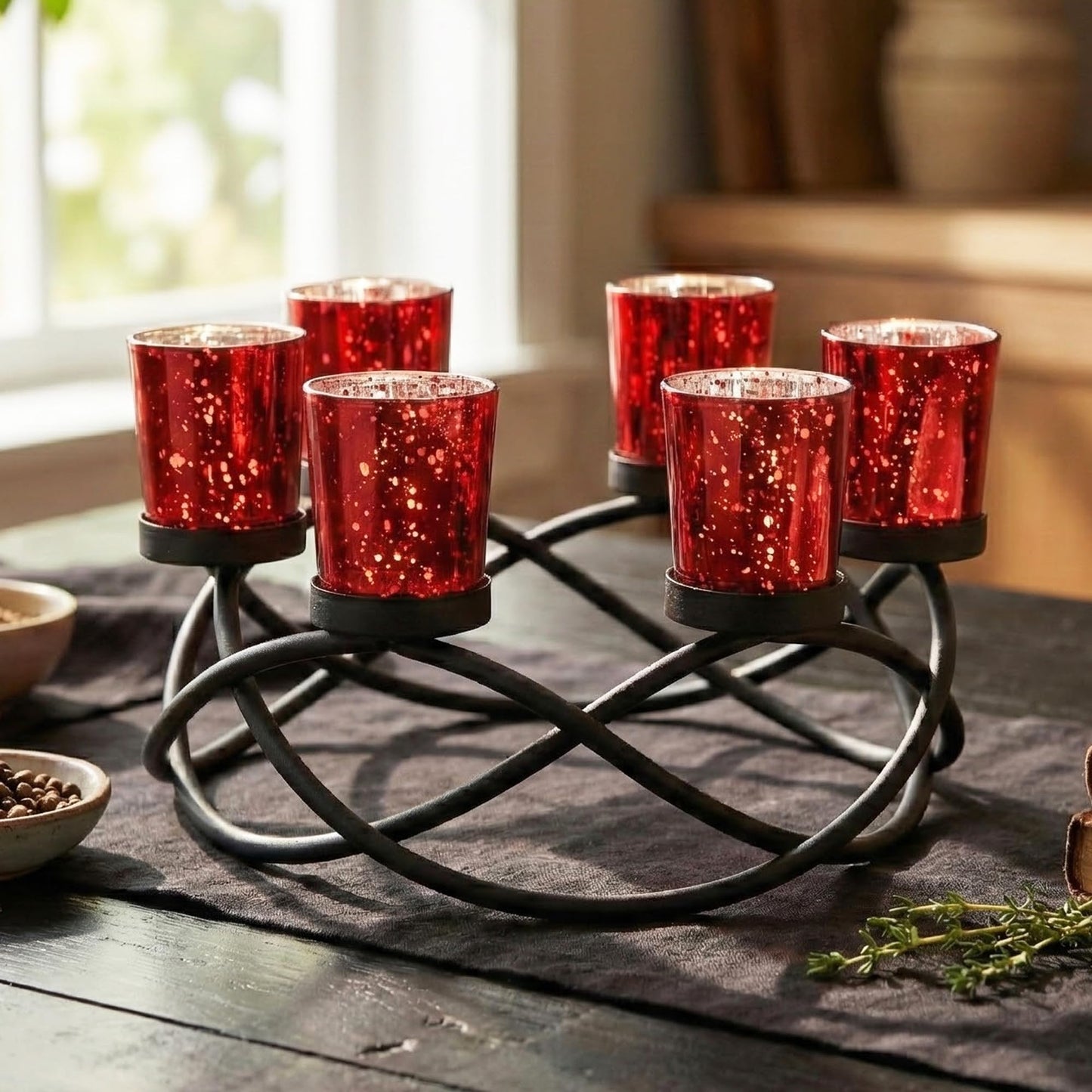Seraphic Centerpieces for Table Decorations - Round Candle Holders for Outdoor Patio, Dining, Kitchen, Coffee & Wedding Table Decor, Black Iron Candelabra, 6 Red Glass Votive Tealight Cups