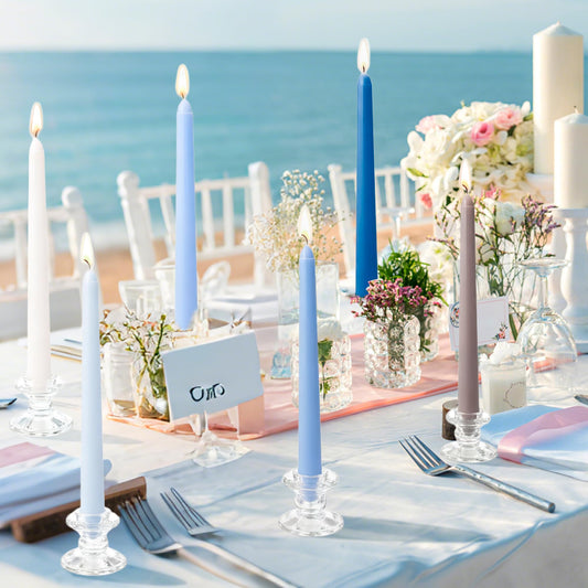 SRCVYLT 6Pcs Blue Taper Candles,10 Inch Gradient Color Blue Candle Sticks,Unscented Dripless Taper Candlesticks for Romantic Coastal Ocean Themed Wedding Party Kitchen Home Dinning Decor