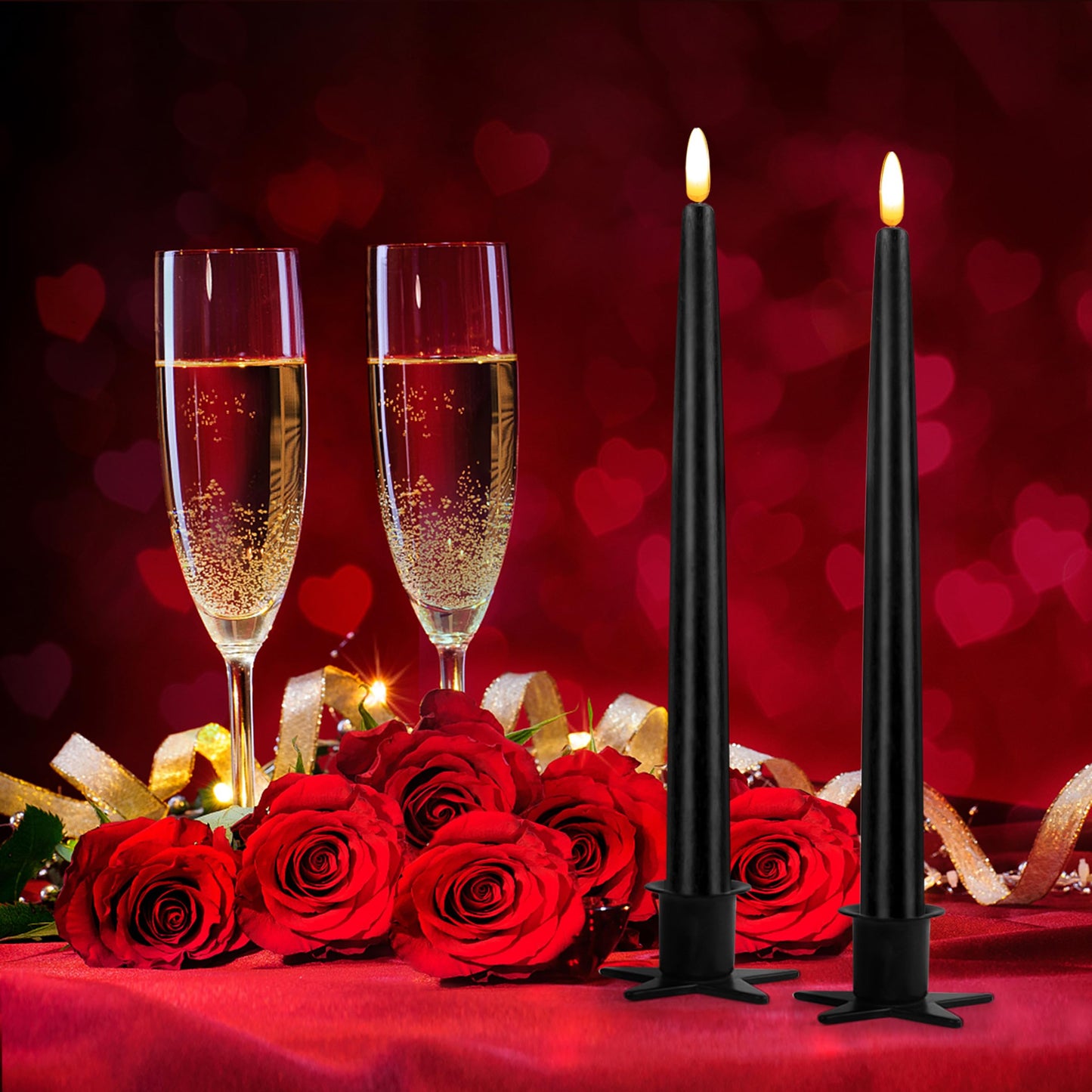 CVHOMEDECO. Flameless Taper Candles with 10-Key Remote, Battery Operated Led Flickering 3D Wick Window Candles Real Wax Finished Home Christmas Party Decor 0.78 x 11 Inch, Pack of 2, Black