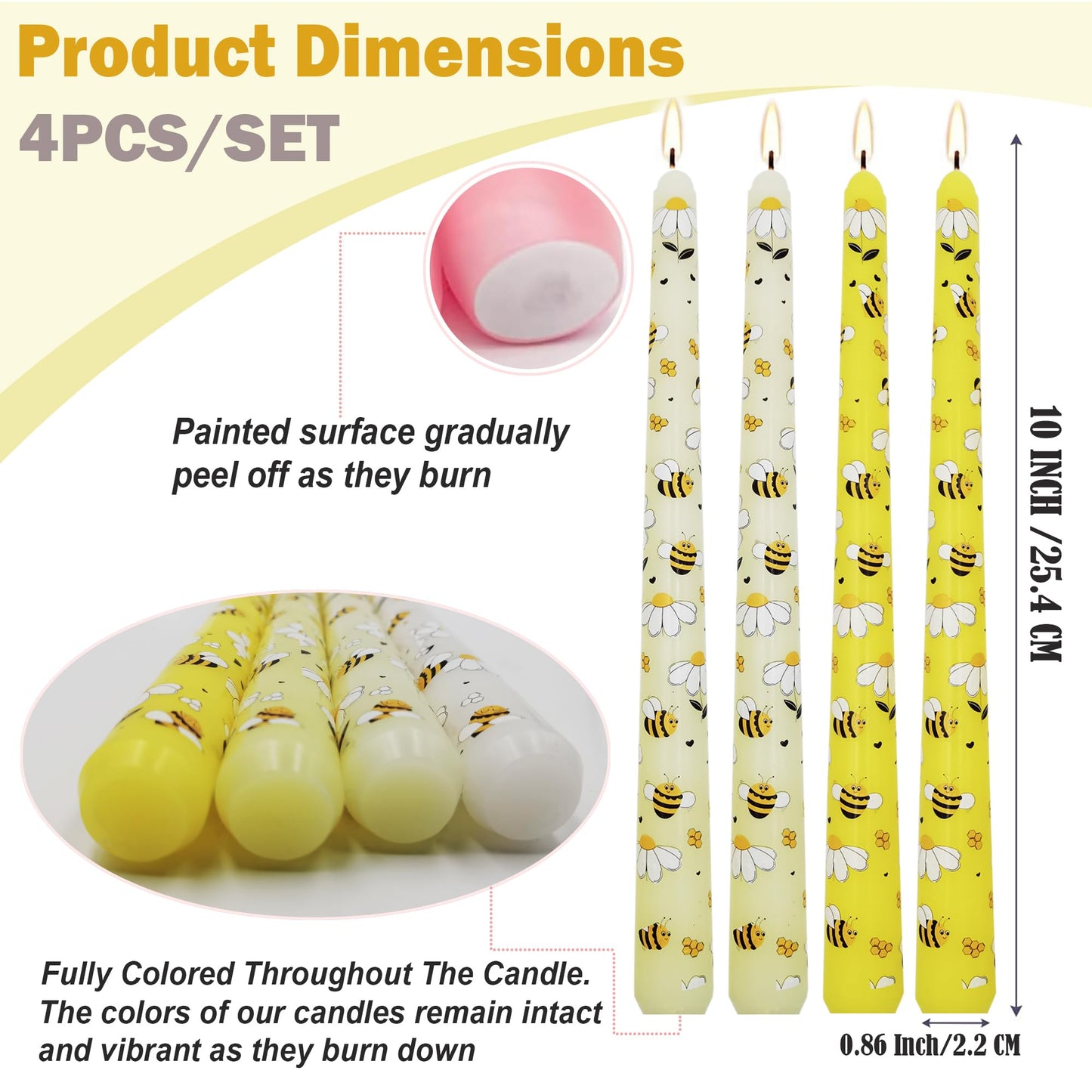 FYBW Bee Print Taper Candles 10 Inch 4 Pack Unscented, Smokeless, Tall Tapered Candles for World Bee Day Mother's Day, Wedding Holiday Party(BY3)