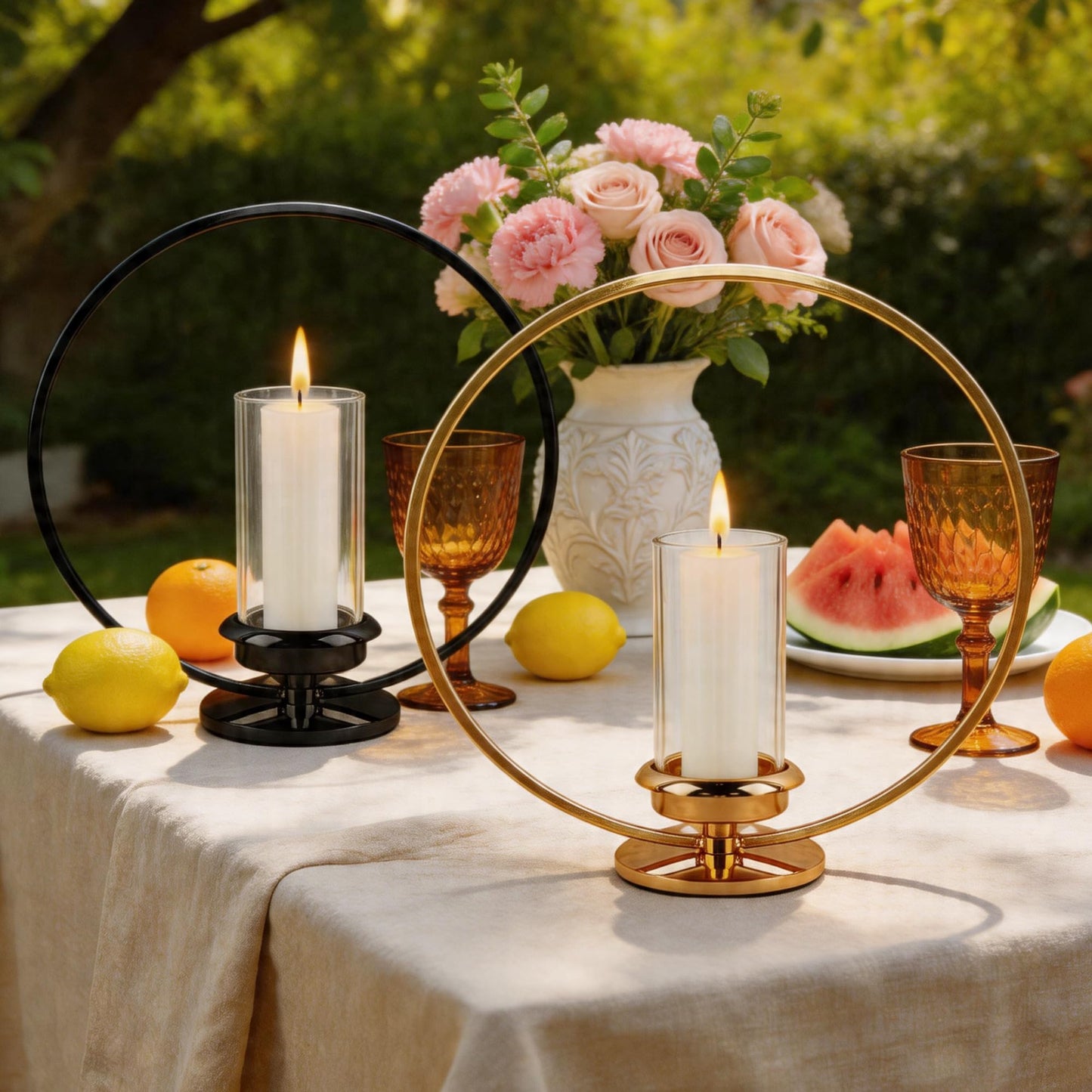 HiSnug Hurricane Candle Holders Set - Circular Metal Candlestick Holders with Glass Sleeve, 2PCS Simple Decorative Candleholder for Dining Table Centerpiece Shelf Home Decor, 2PCS, L+L, Gold