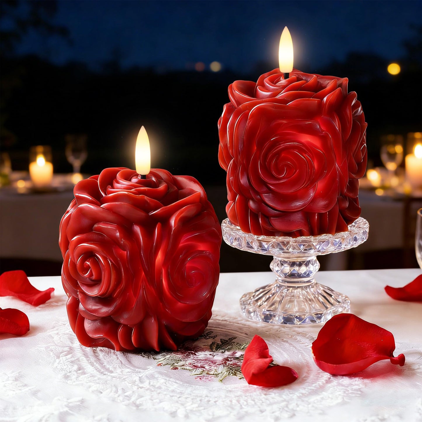 JOIONE Valentines Day Flameless LED Candles, Rose Shaped 3D Flickering Flame Battery Operated Candle with Remote, Romantic Candles for Date Night, Valentine's Day, Wedding and Home Décor, Red